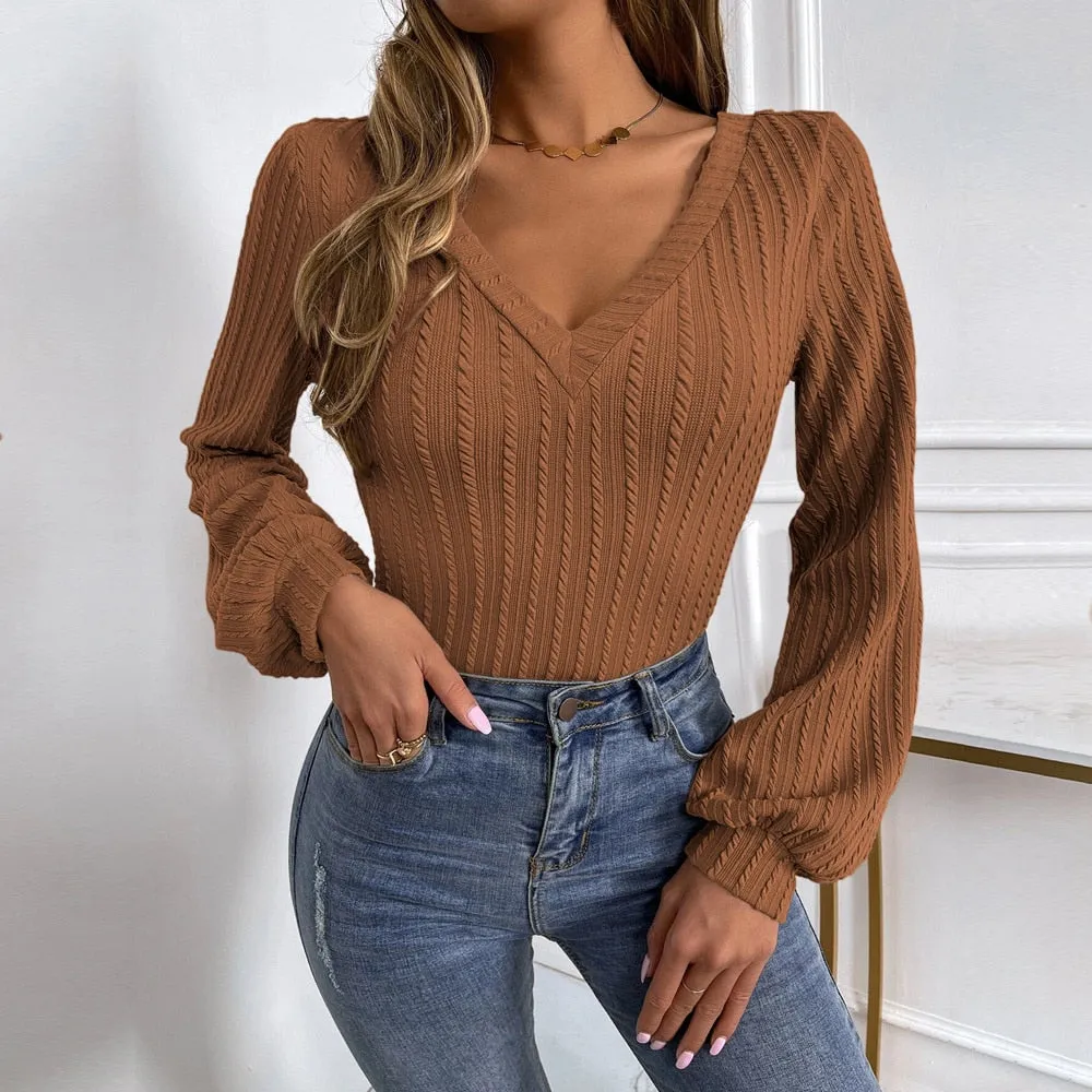 BerriesJam - 2024 V-neck Puff Sleeve Slim Twist Knitted Sweater