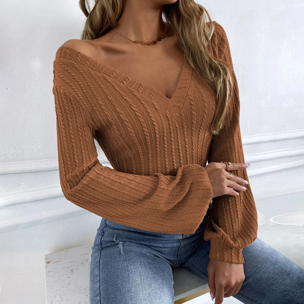 BerriesJam - 2024 V-neck Puff Sleeve Slim Twist Knitted Sweater