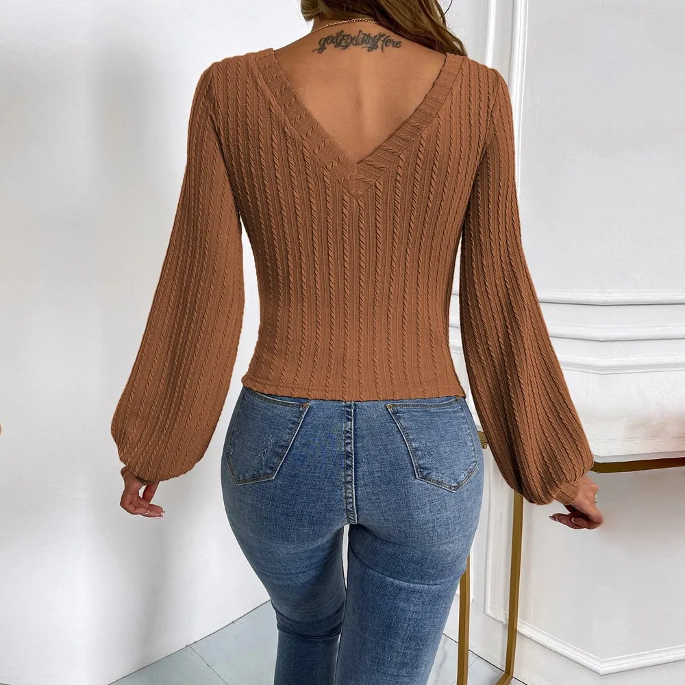 BerriesJam - 2024 V-neck Puff Sleeve Slim Twist Knitted Sweater