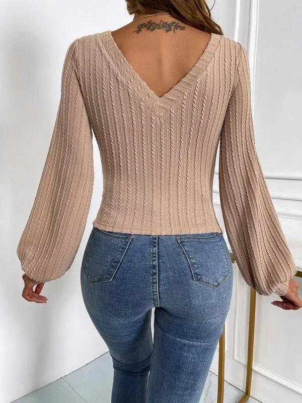 BerriesJam - 2024 V-neck Puff Sleeve Slim Twist Knitted Sweater