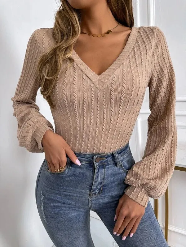 BerriesJam - 2024 V-neck Puff Sleeve Slim Twist Knitted Sweater