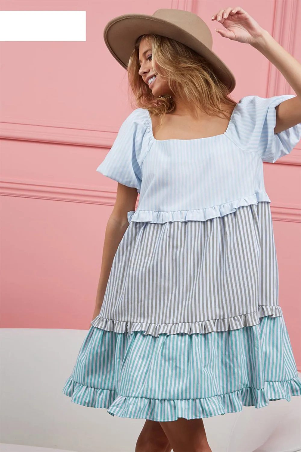 BiBi Striped Ruffle Tiered Mini Dress