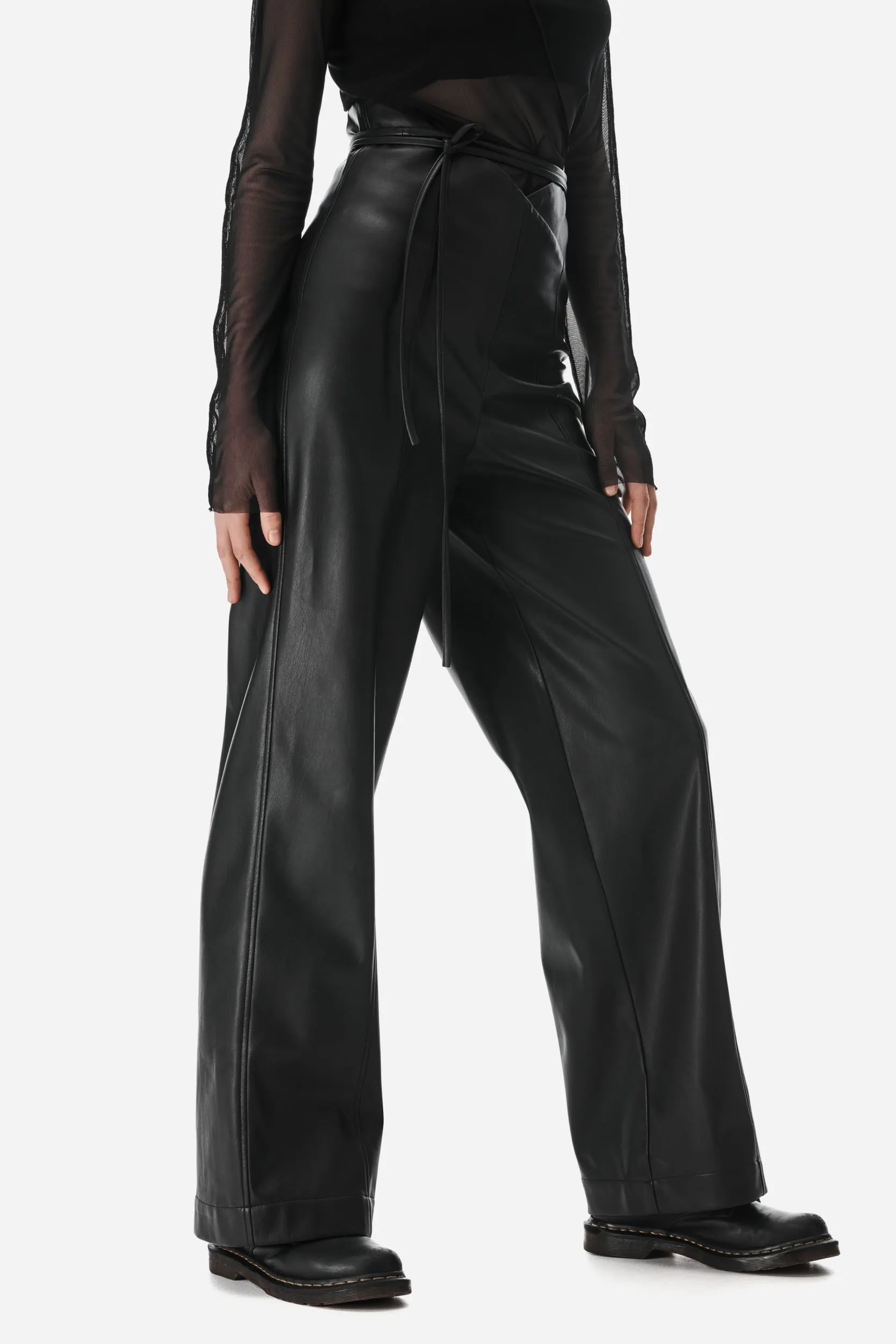 Black Faux Leather V-cut Pants