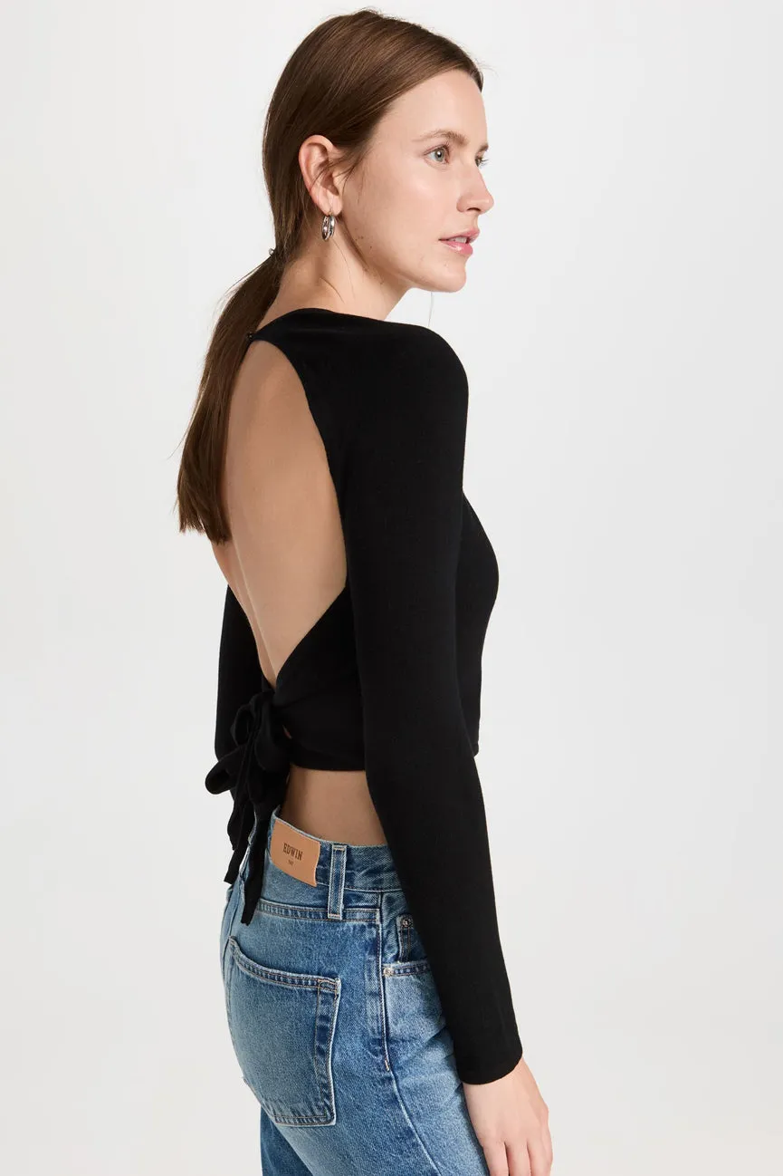 Black Gloss Open Back Wrap Top