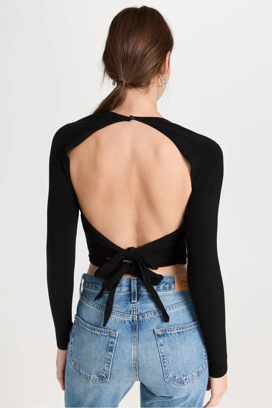 Black Gloss Open Back Wrap Top