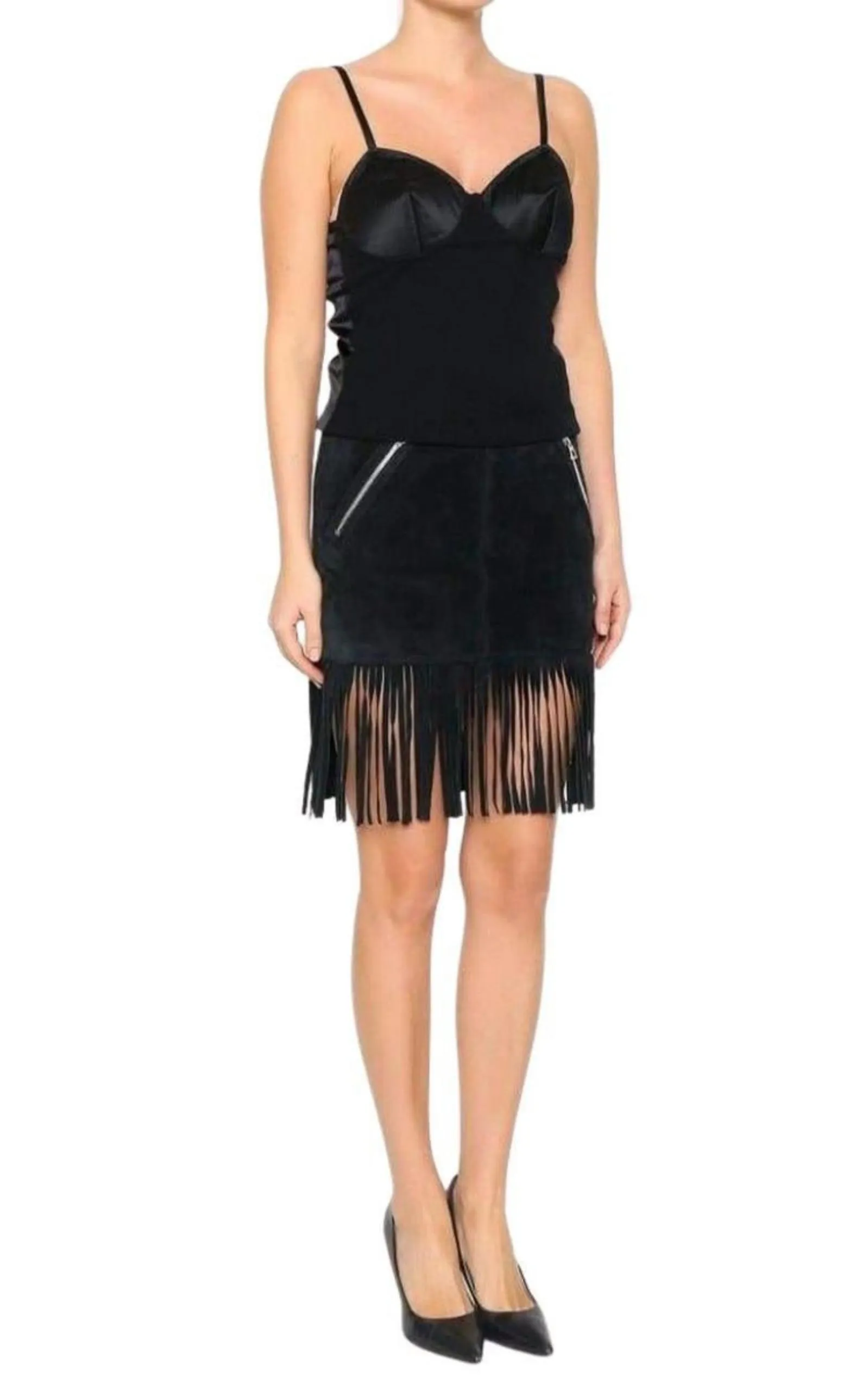 Black Leather Fringe Skirt