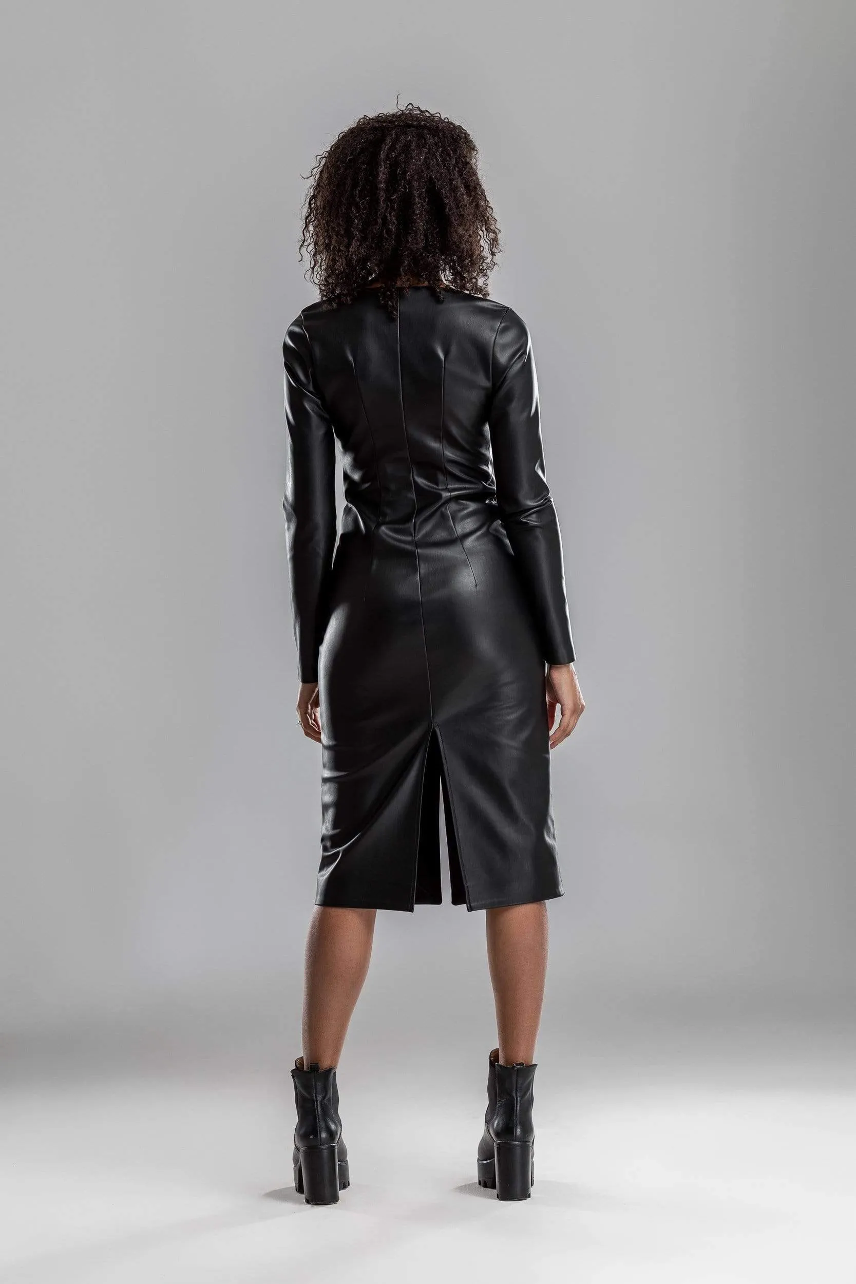 Black leather midi dress