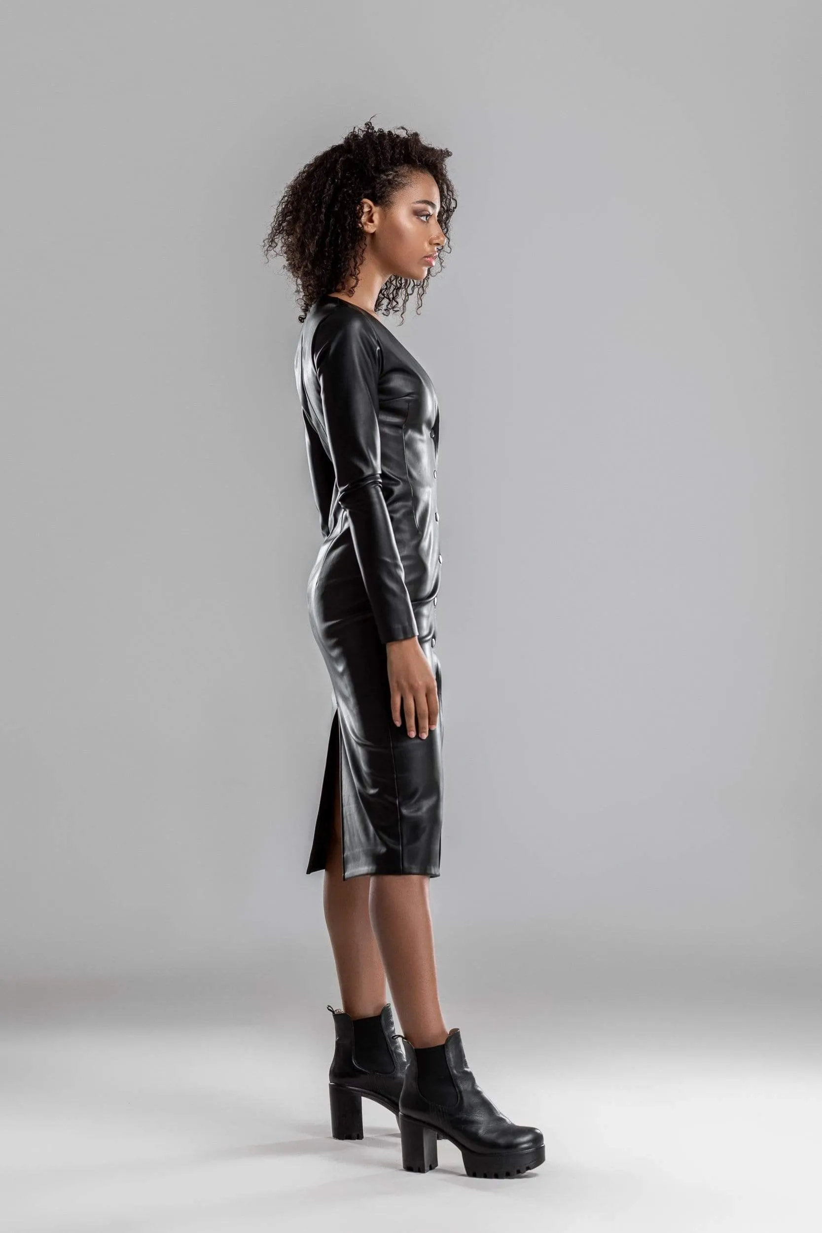 Black leather midi dress