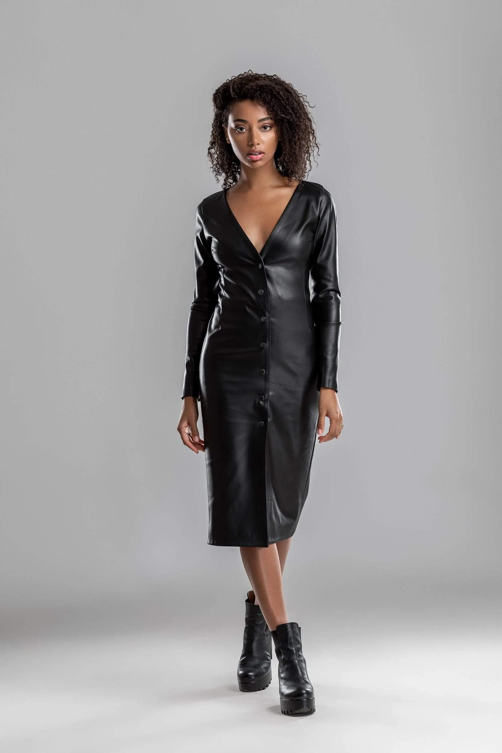 Black leather midi dress