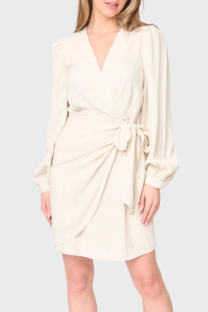 Blouson Sleeve Wrap Linen Dress