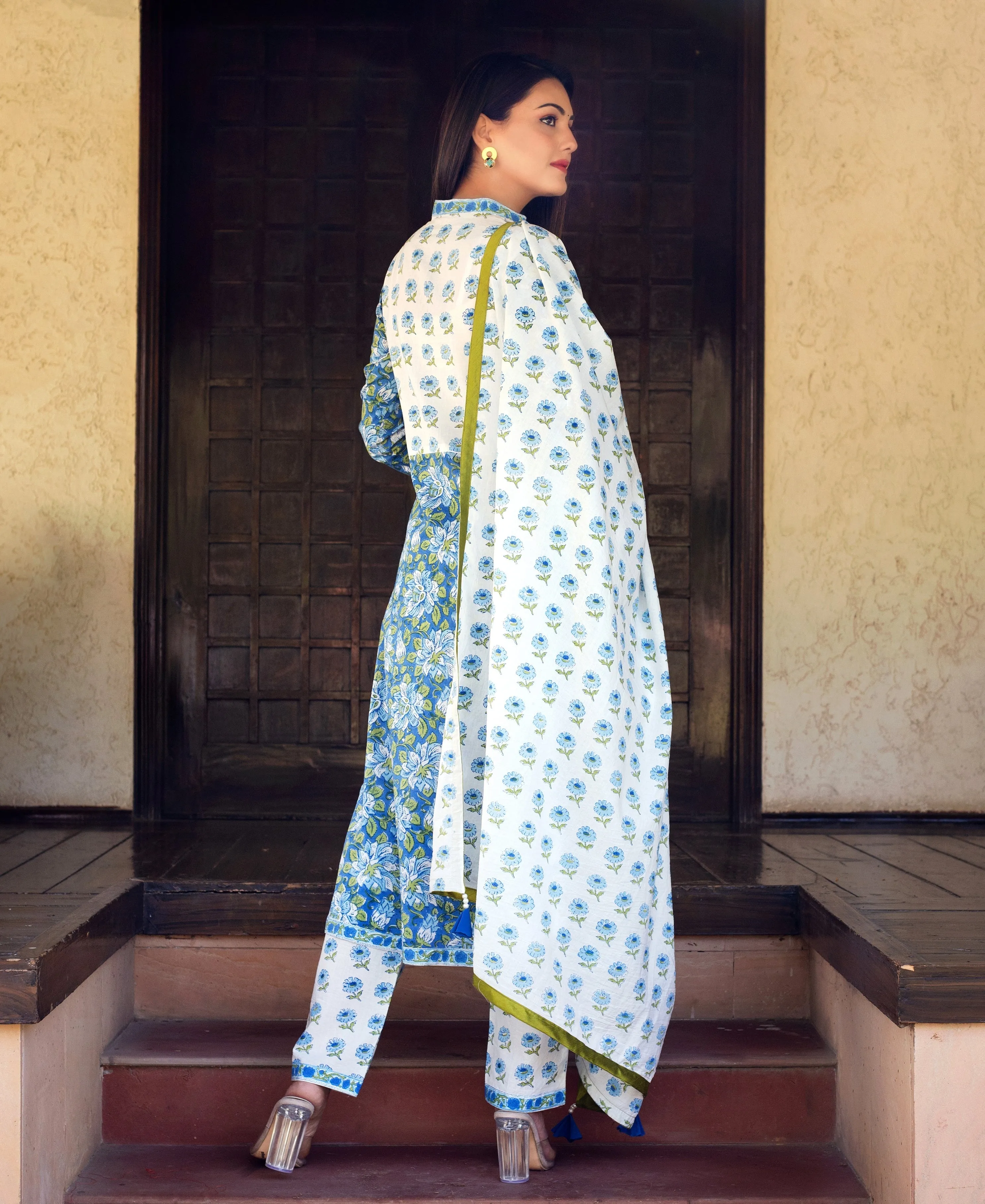 Blue and White Hand Block Printed A-Line Kurta