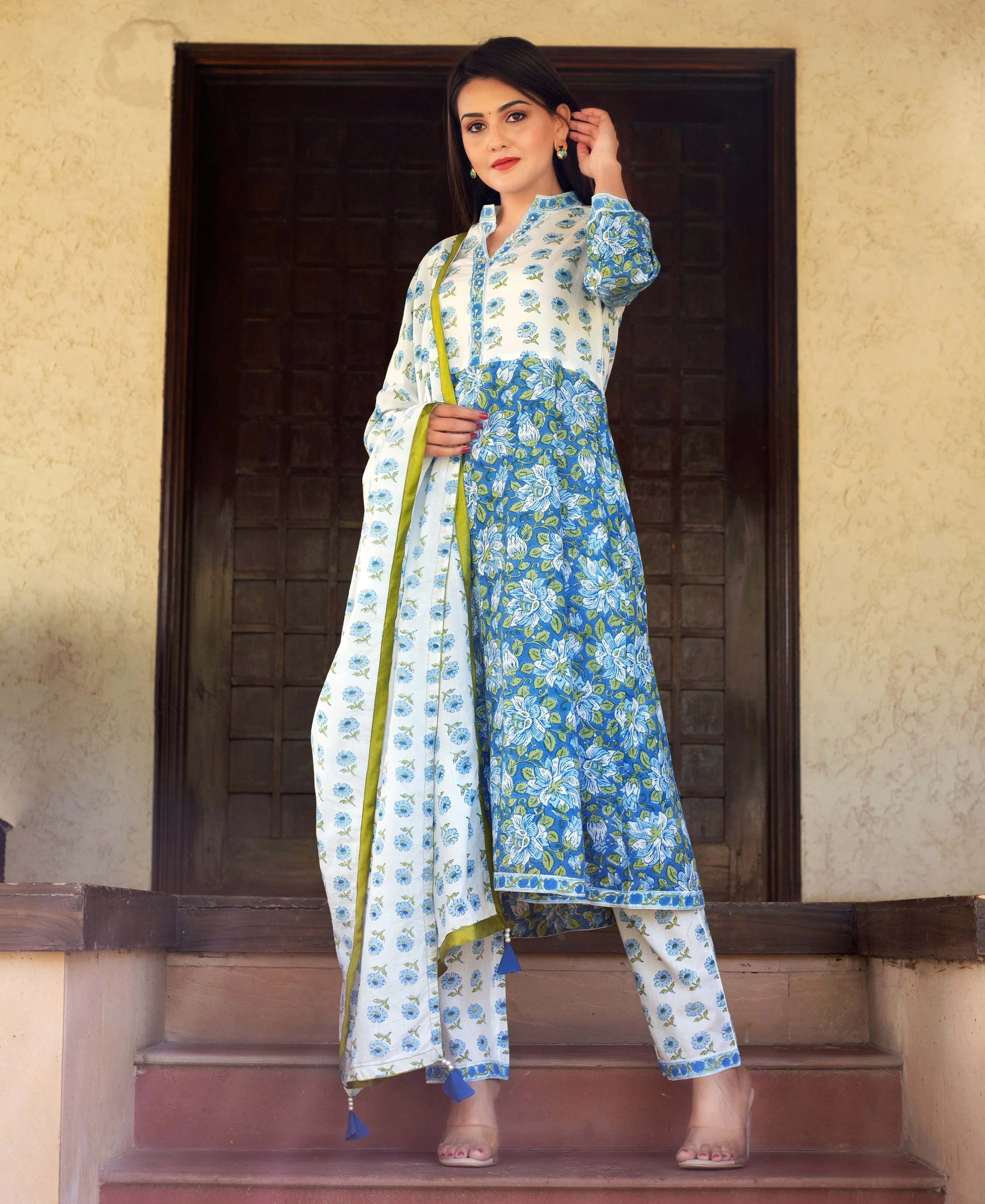 Blue and White Hand Block Printed A-Line Kurta