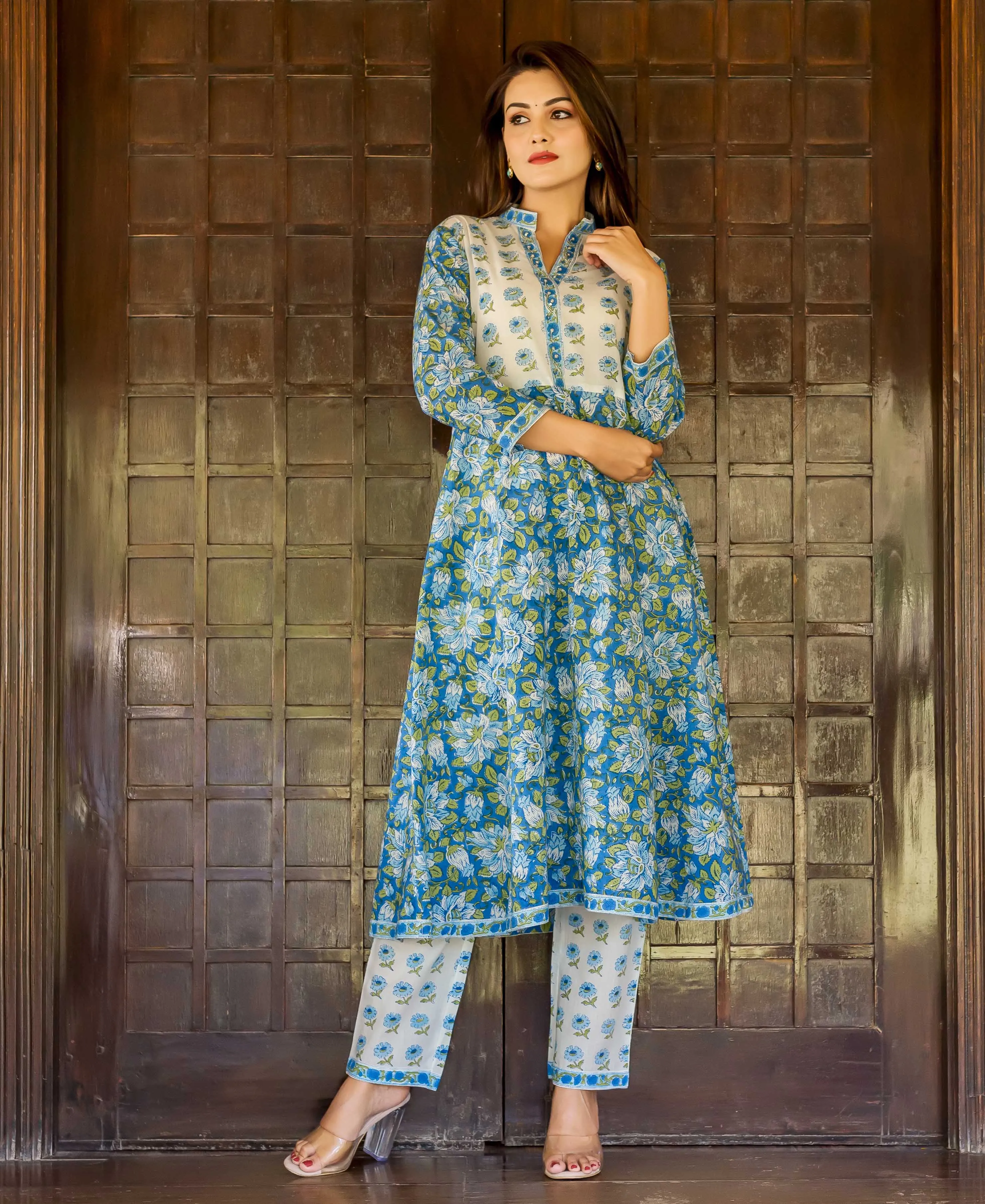 Blue and White Hand Block Printed A-Line Kurta