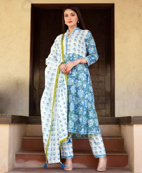 Blue and White Hand Block Printed A-Line Kurta