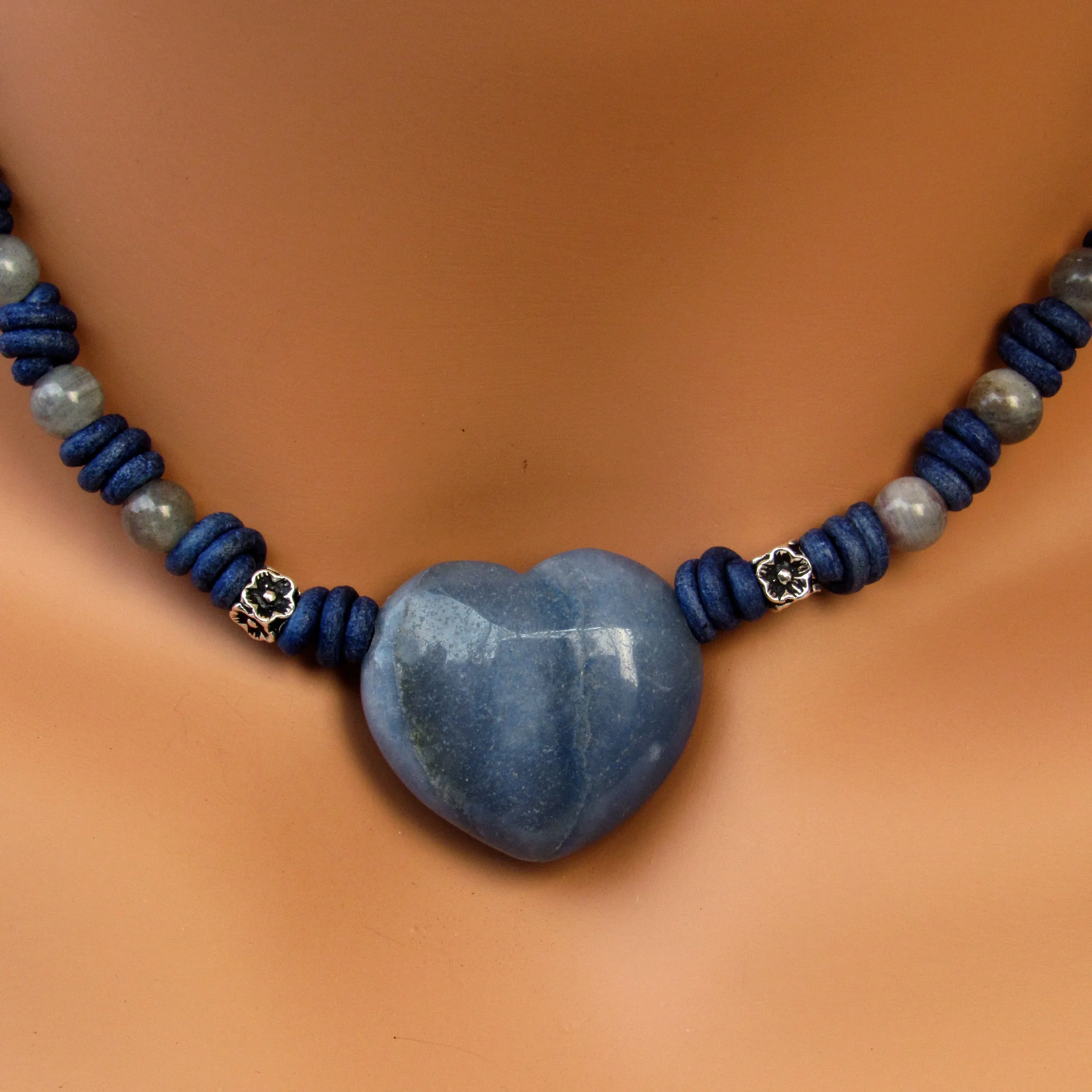 Blue Aventurine gemstone Heart, Labradorite, and Sterling Silver Leather Choker