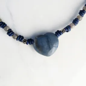 Blue Aventurine gemstone Heart, Labradorite, and Sterling Silver Leather Choker