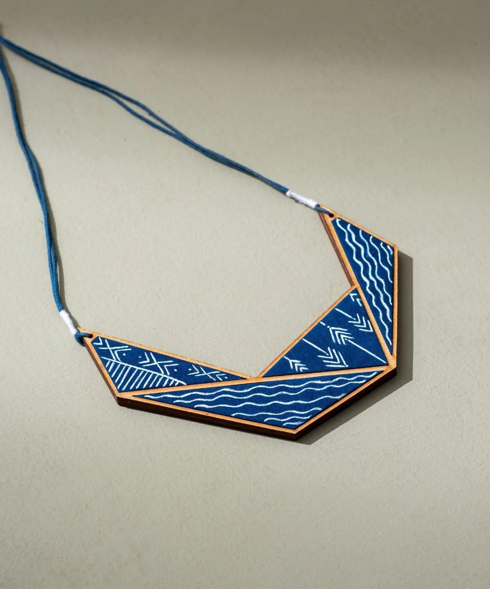 Blue connecting triangle upcycled fabric repurposed wood necklace