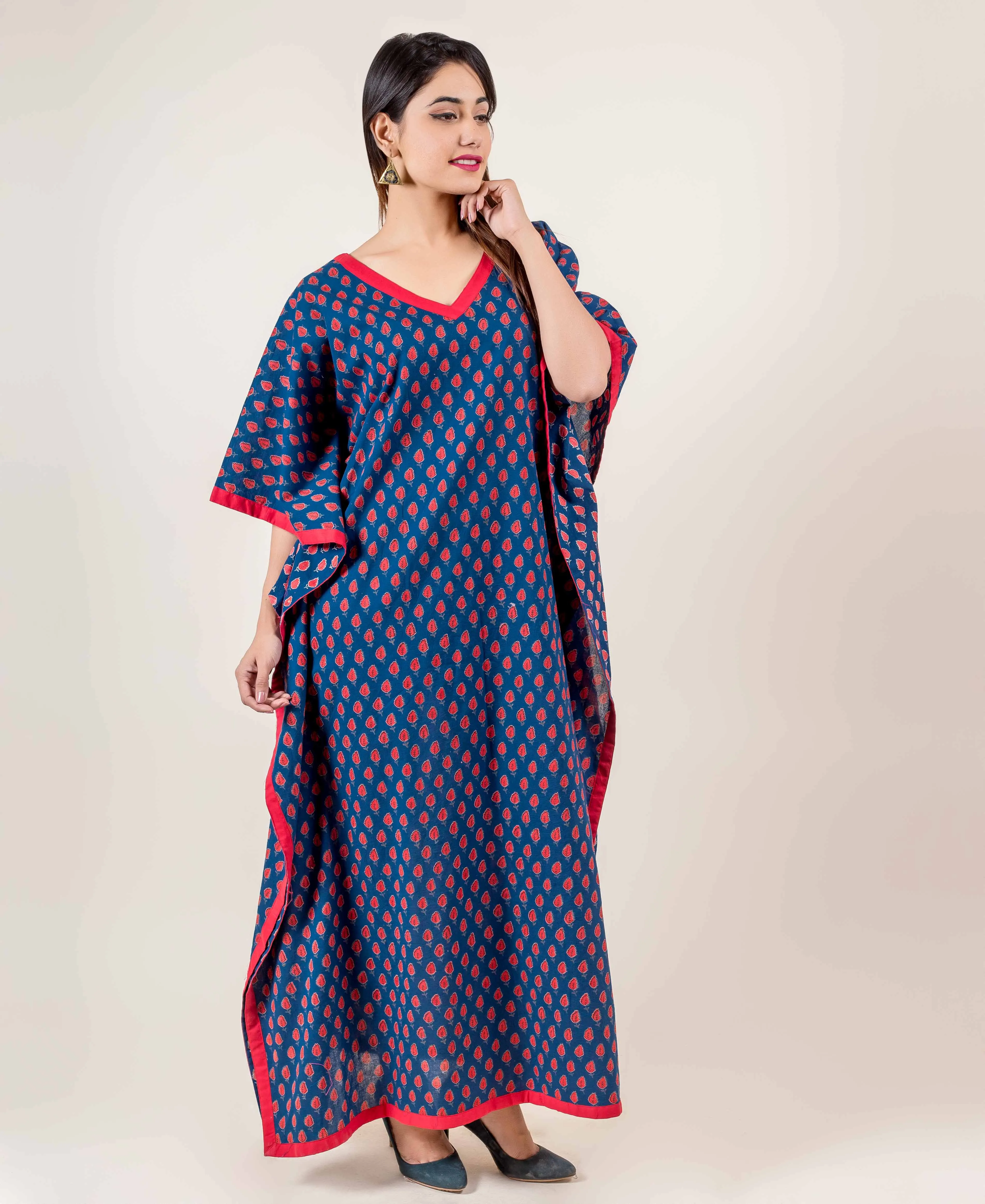 Blue Hand Block Printed Kaftan With Red Motifs