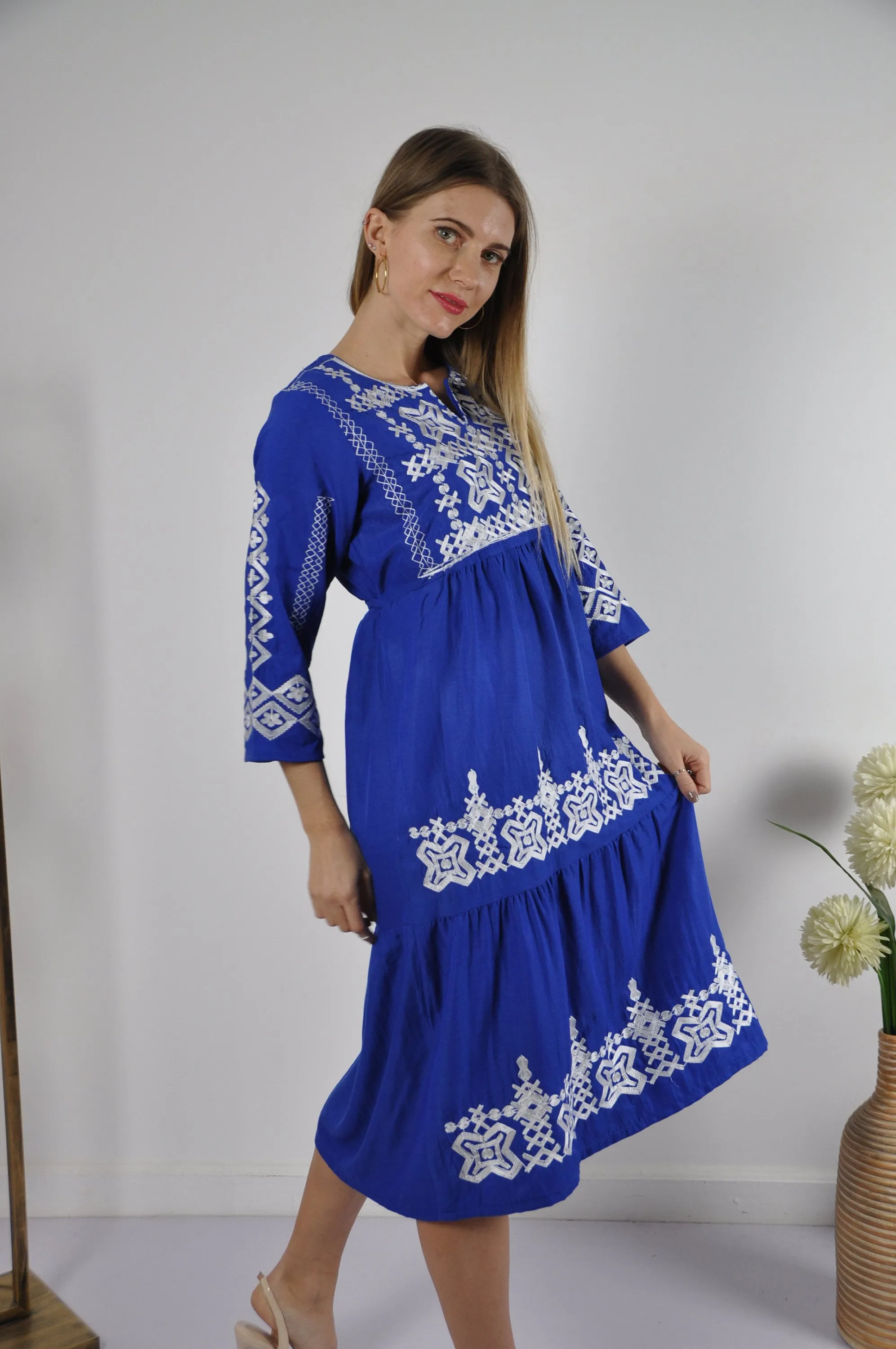 Blue Long Sleeve Embroidered Tunic dress, Boho tunic dress, Summer tunic, beach tunic, resorts tunic, Hippie tunic, Blue Kaftan