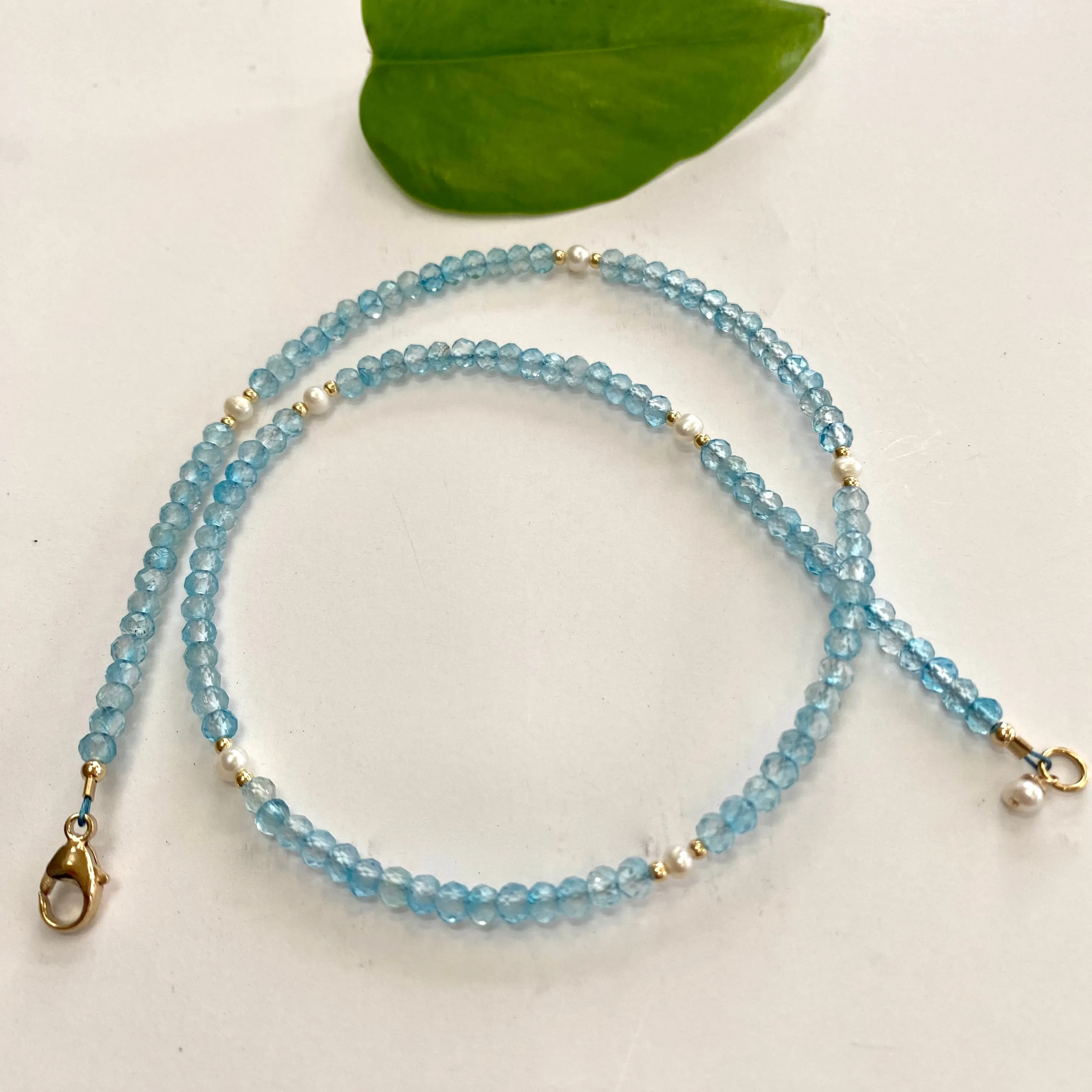 Blue Topaz & Freshwater Pearl Choker Necklace, Gold Fill, December Birthstone , 16.5In