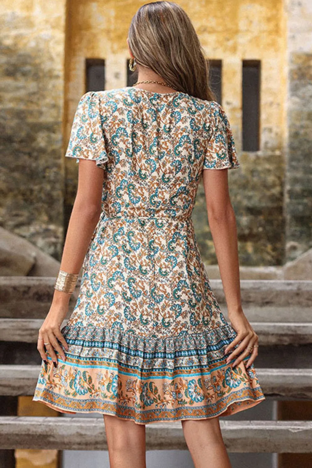 Boho Bohemian Flutter Sleeve Surplice Dress