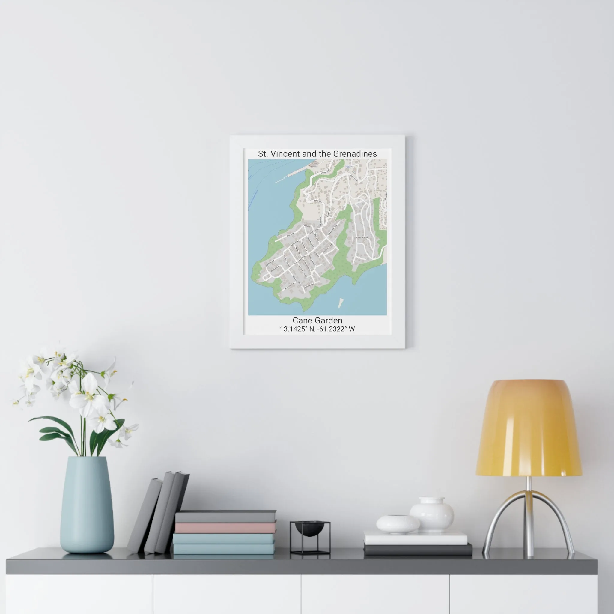 Cane Garden St. Vincent and the Grenadines Map Framed Print Poster, City Map Print Poster, Framed Vertical Poster