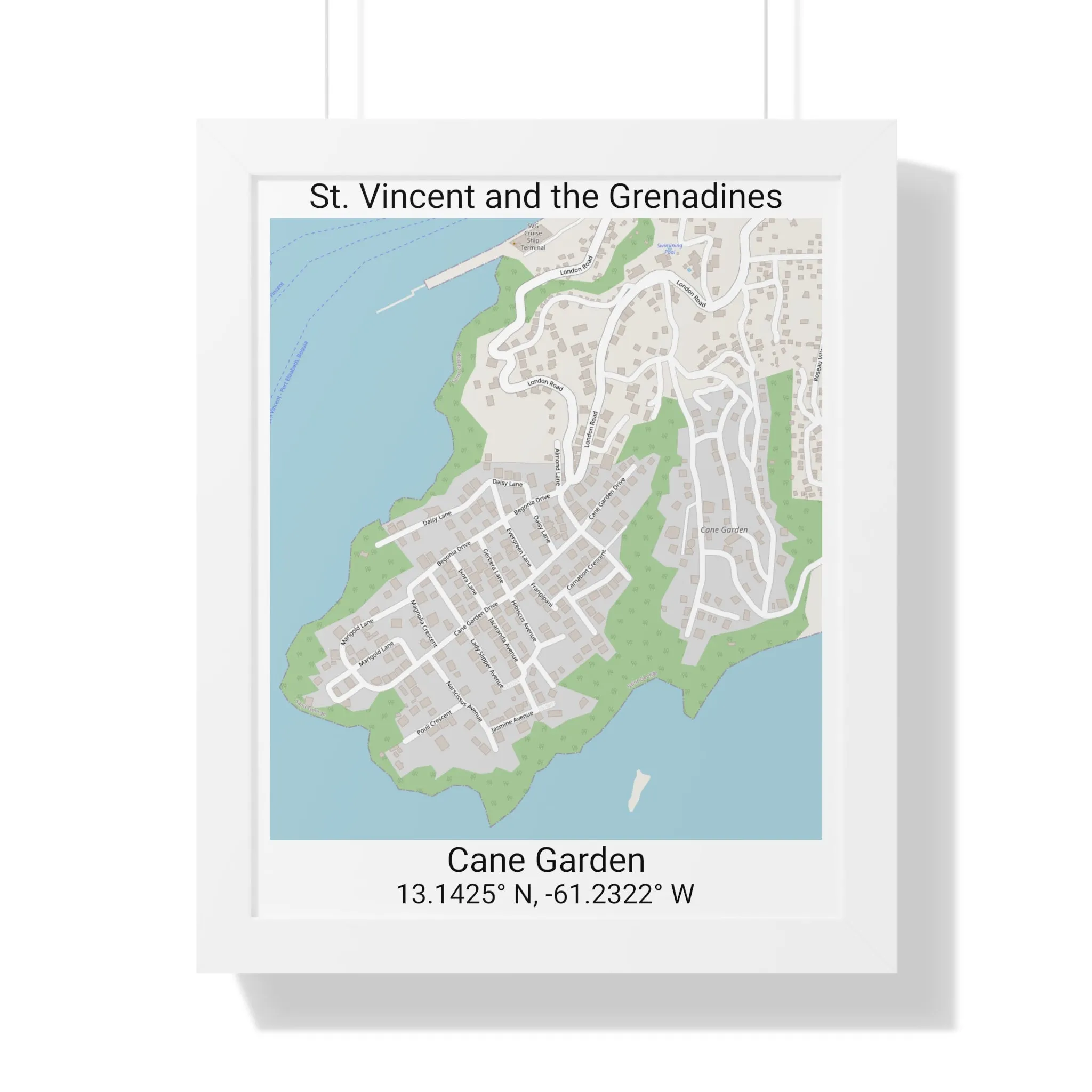 Cane Garden St. Vincent and the Grenadines Map Framed Print Poster, City Map Print Poster, Framed Vertical Poster