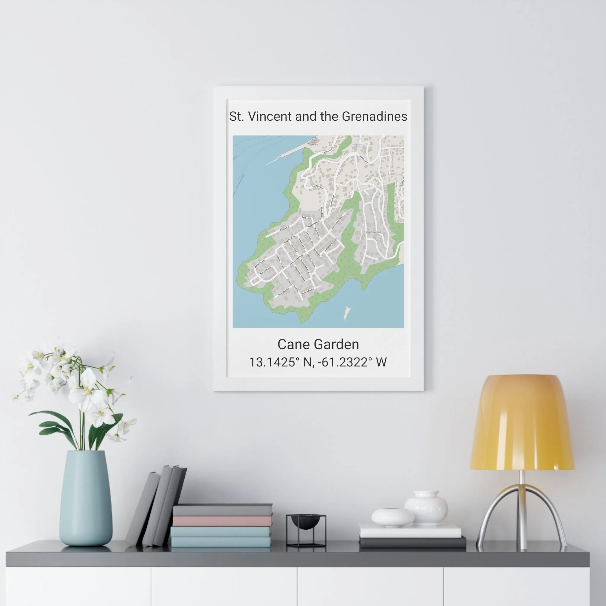 Cane Garden St. Vincent and the Grenadines Map Framed Print Poster, City Map Print Poster, Framed Vertical Poster