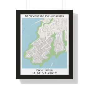 Cane Garden St. Vincent and the Grenadines Map Framed Print Poster, City Map Print Poster, Framed Vertical Poster