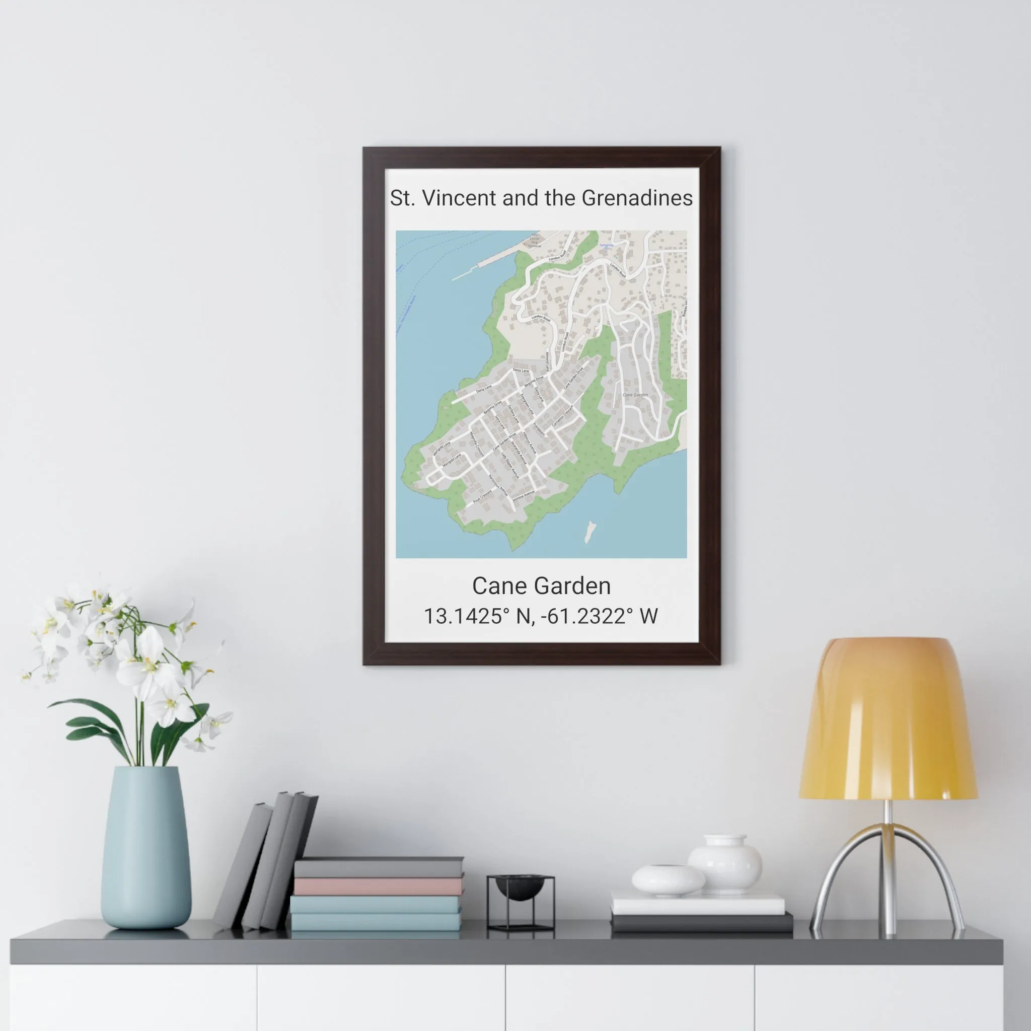 Cane Garden St. Vincent and the Grenadines Map Framed Print Poster, City Map Print Poster, Framed Vertical Poster