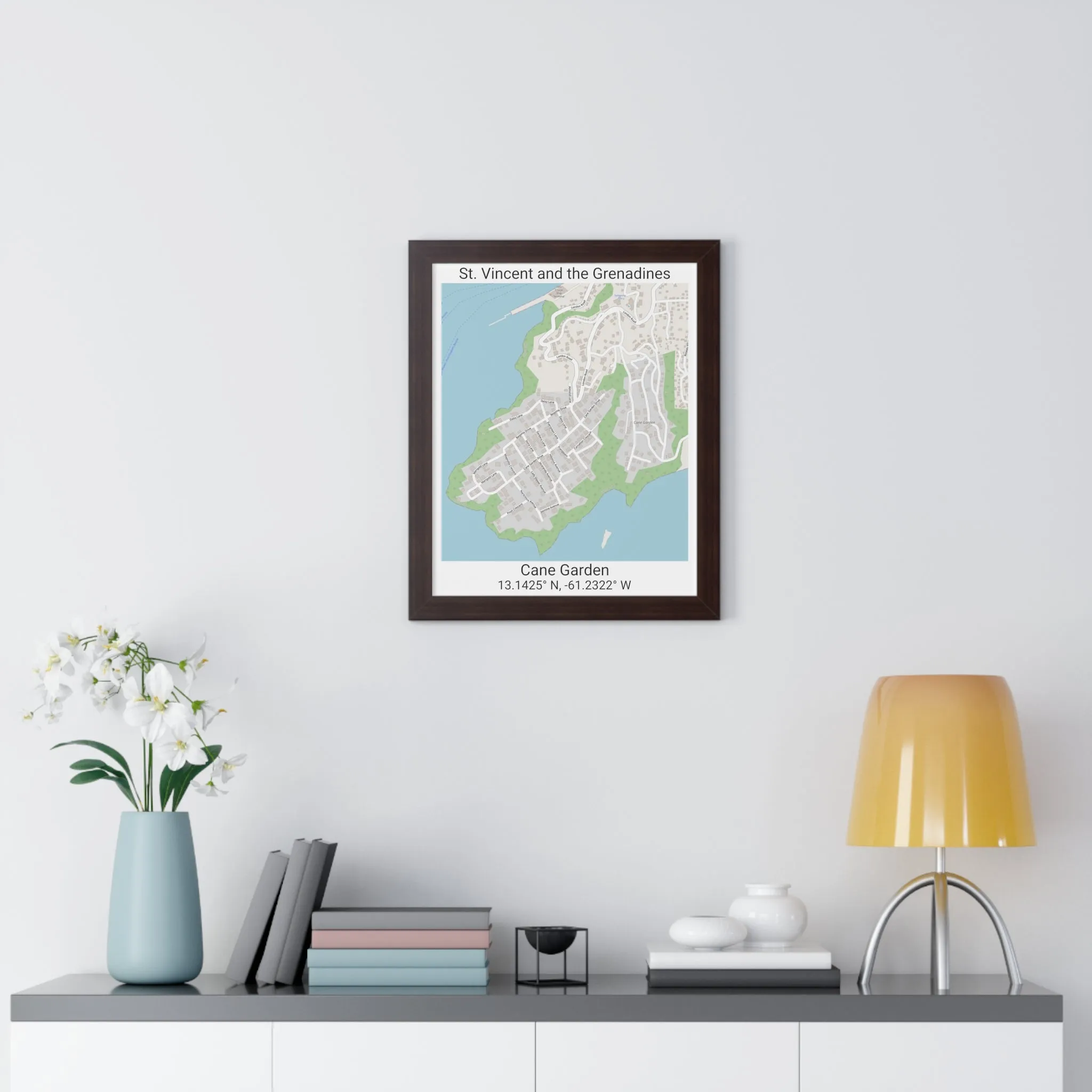 Cane Garden St. Vincent and the Grenadines Map Framed Print Poster, City Map Print Poster, Framed Vertical Poster