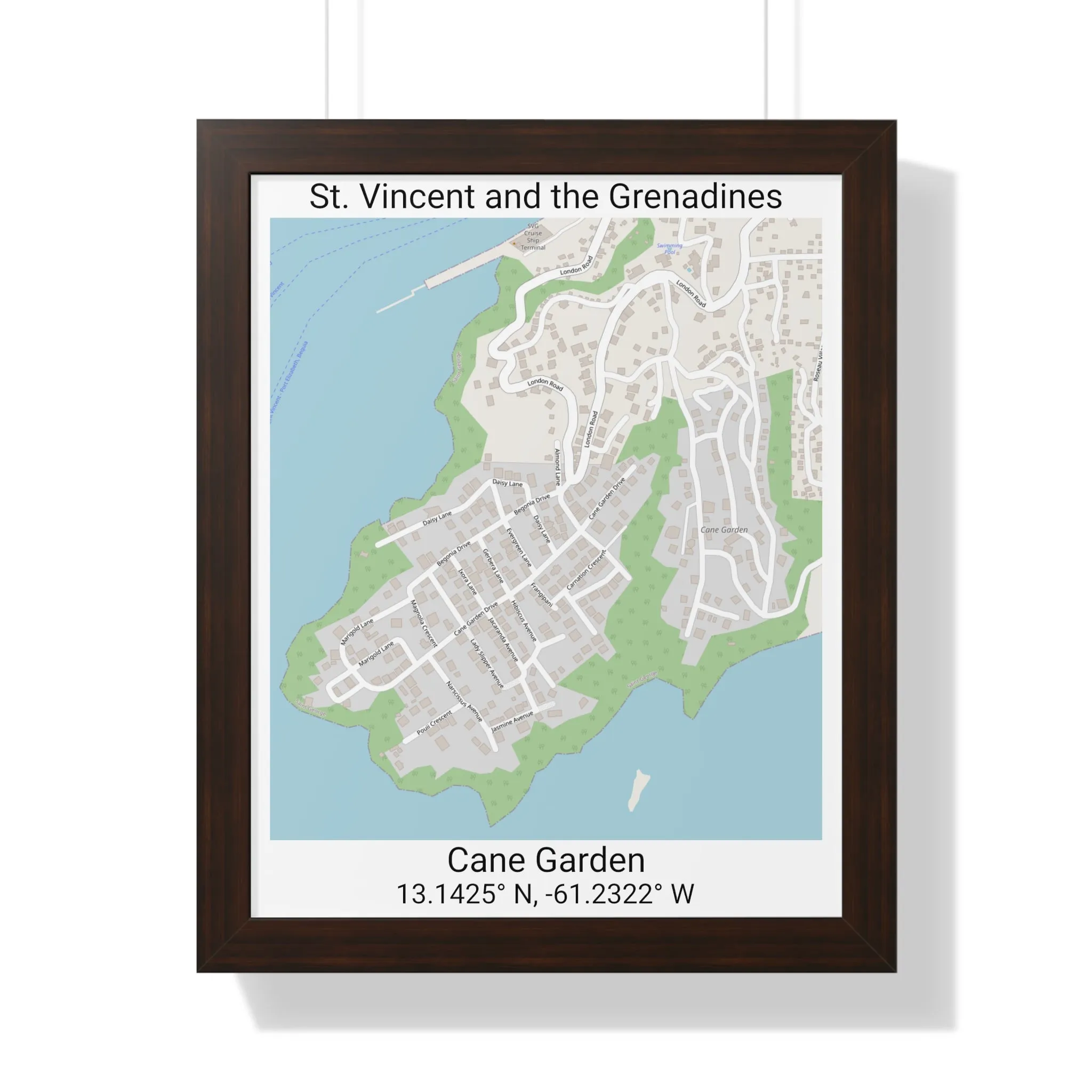 Cane Garden St. Vincent and the Grenadines Map Framed Print Poster, City Map Print Poster, Framed Vertical Poster