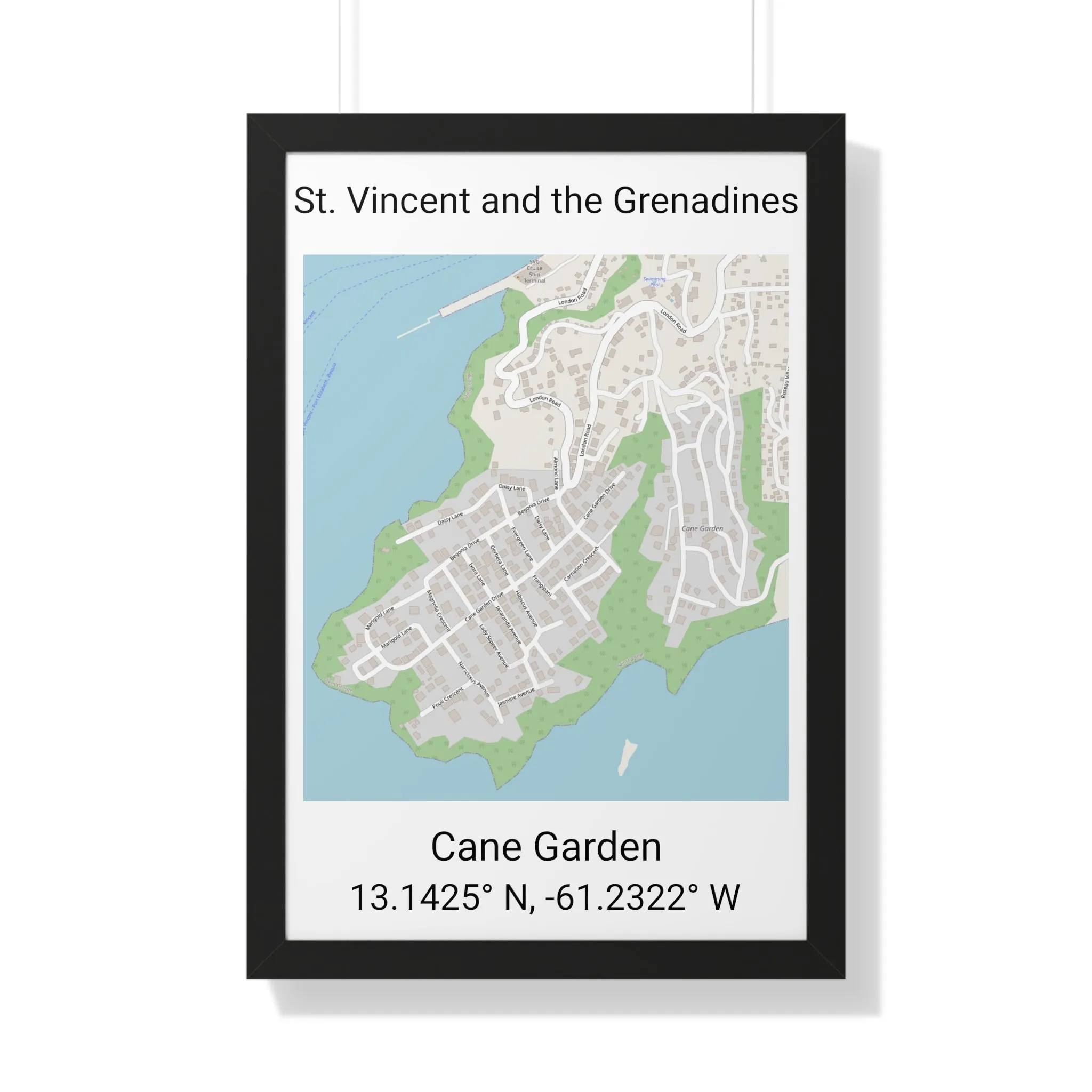 Cane Garden St. Vincent and the Grenadines Map Framed Print Poster, City Map Print Poster, Framed Vertical Poster