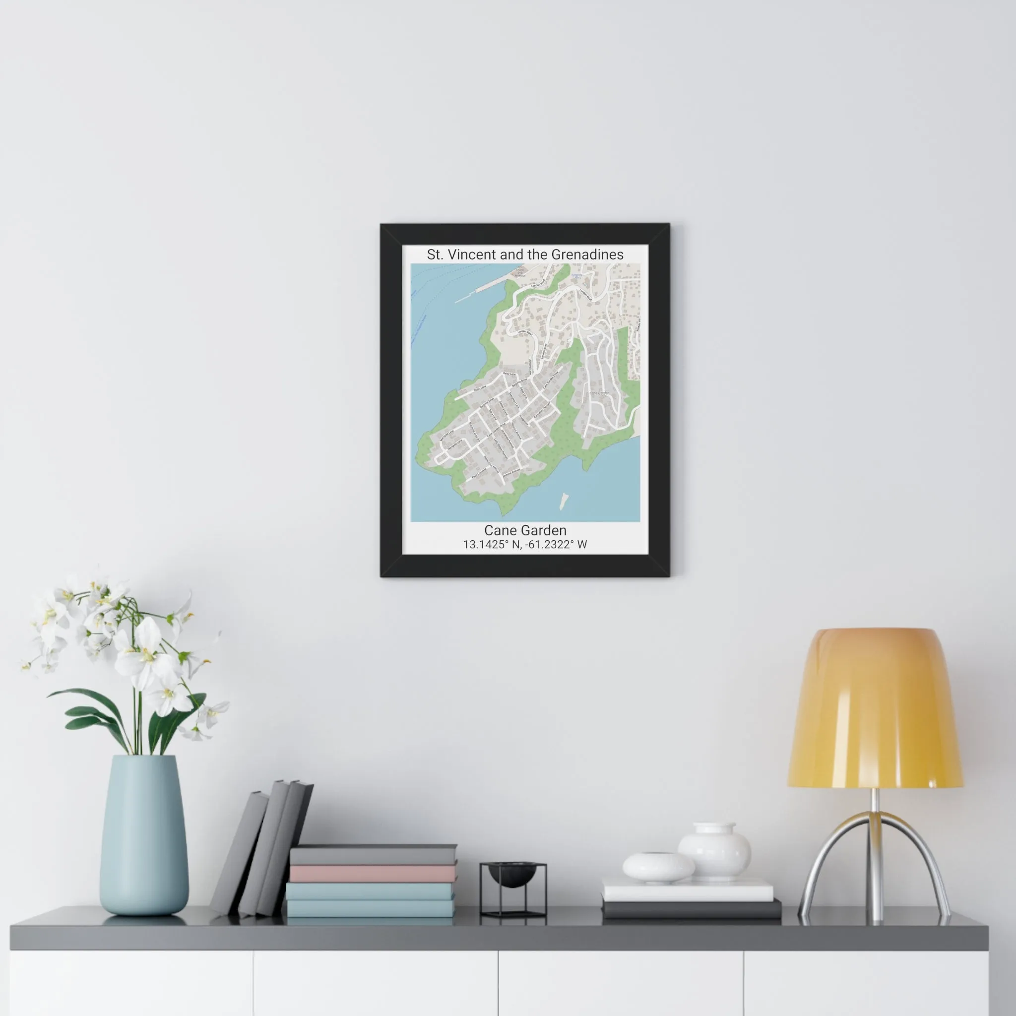 Cane Garden St. Vincent and the Grenadines Map Framed Print Poster, City Map Print Poster, Framed Vertical Poster