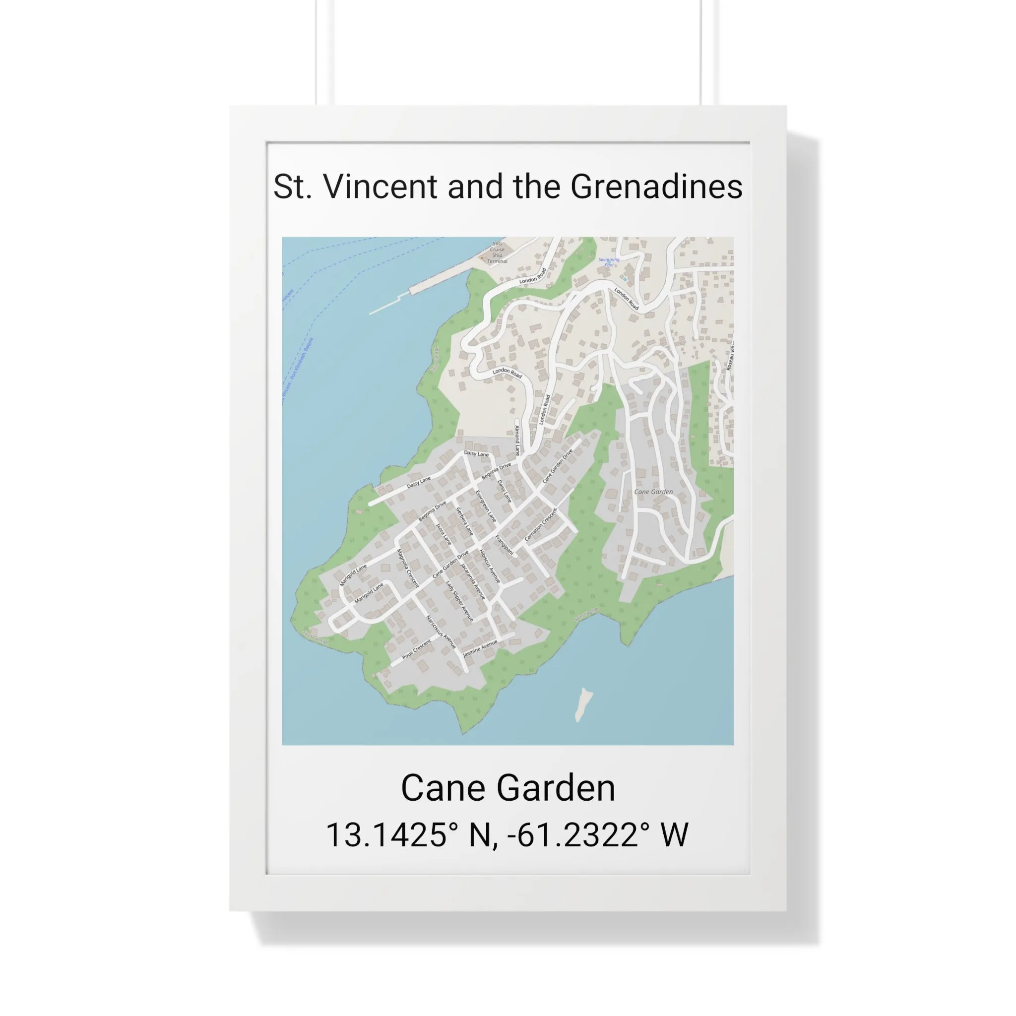 Cane Garden St. Vincent and the Grenadines Map Framed Print Poster, City Map Print Poster, Framed Vertical Poster