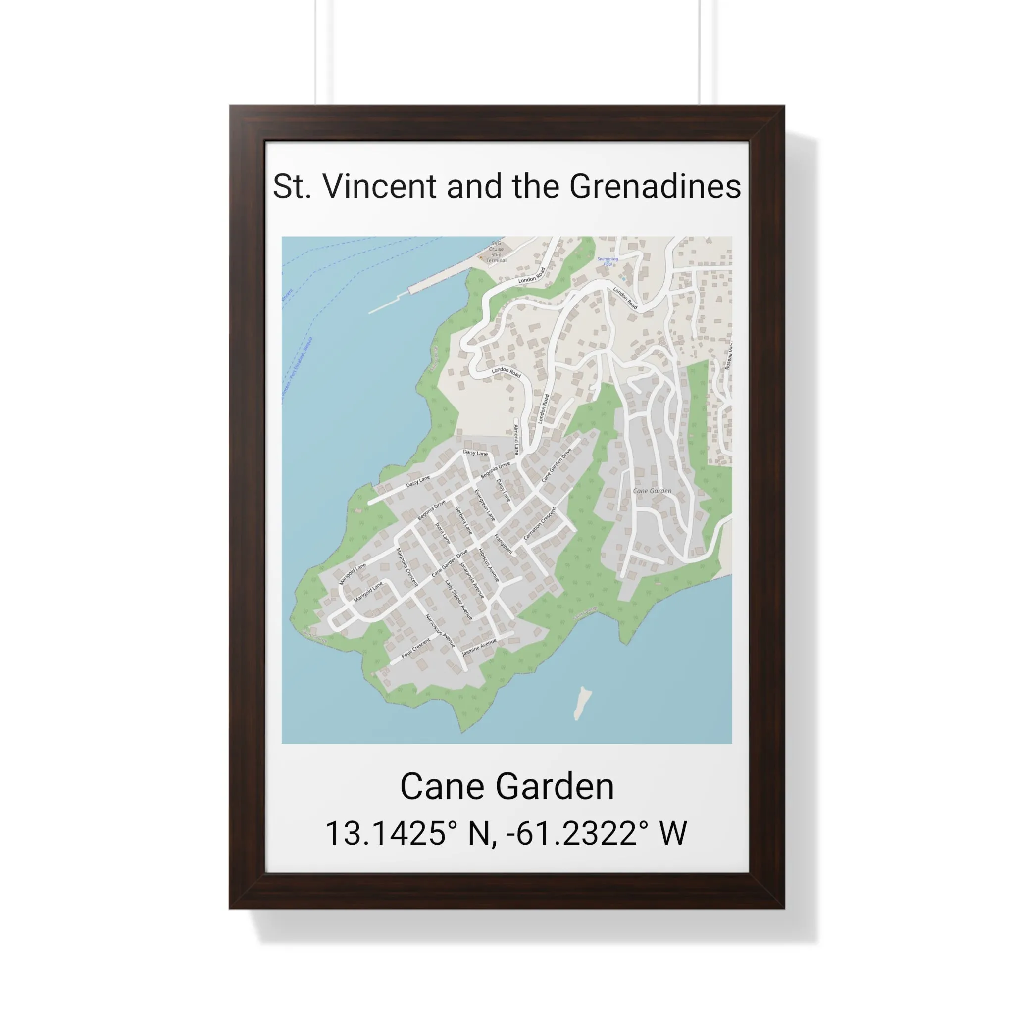 Cane Garden St. Vincent and the Grenadines Map Framed Print Poster, City Map Print Poster, Framed Vertical Poster