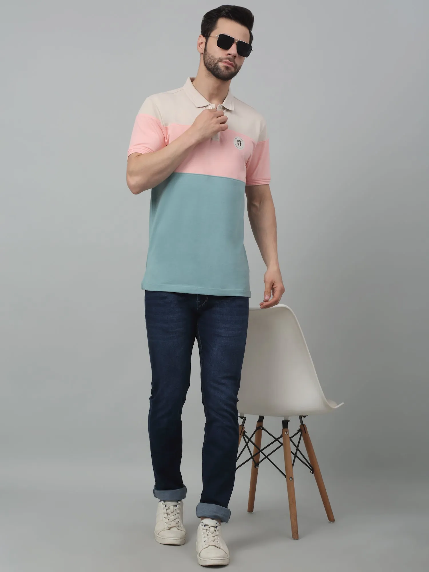 Cantabil Aqua Color-Block Polo Neck Half Sleeve T-shirt For Men