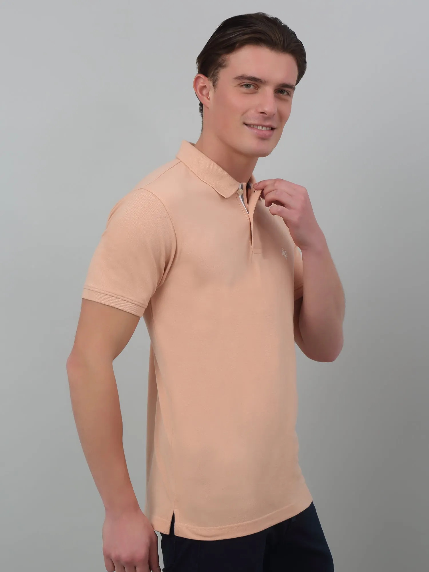 Cantabil Beige Solid Polo Neck Half Sleeve T-shirt For Men