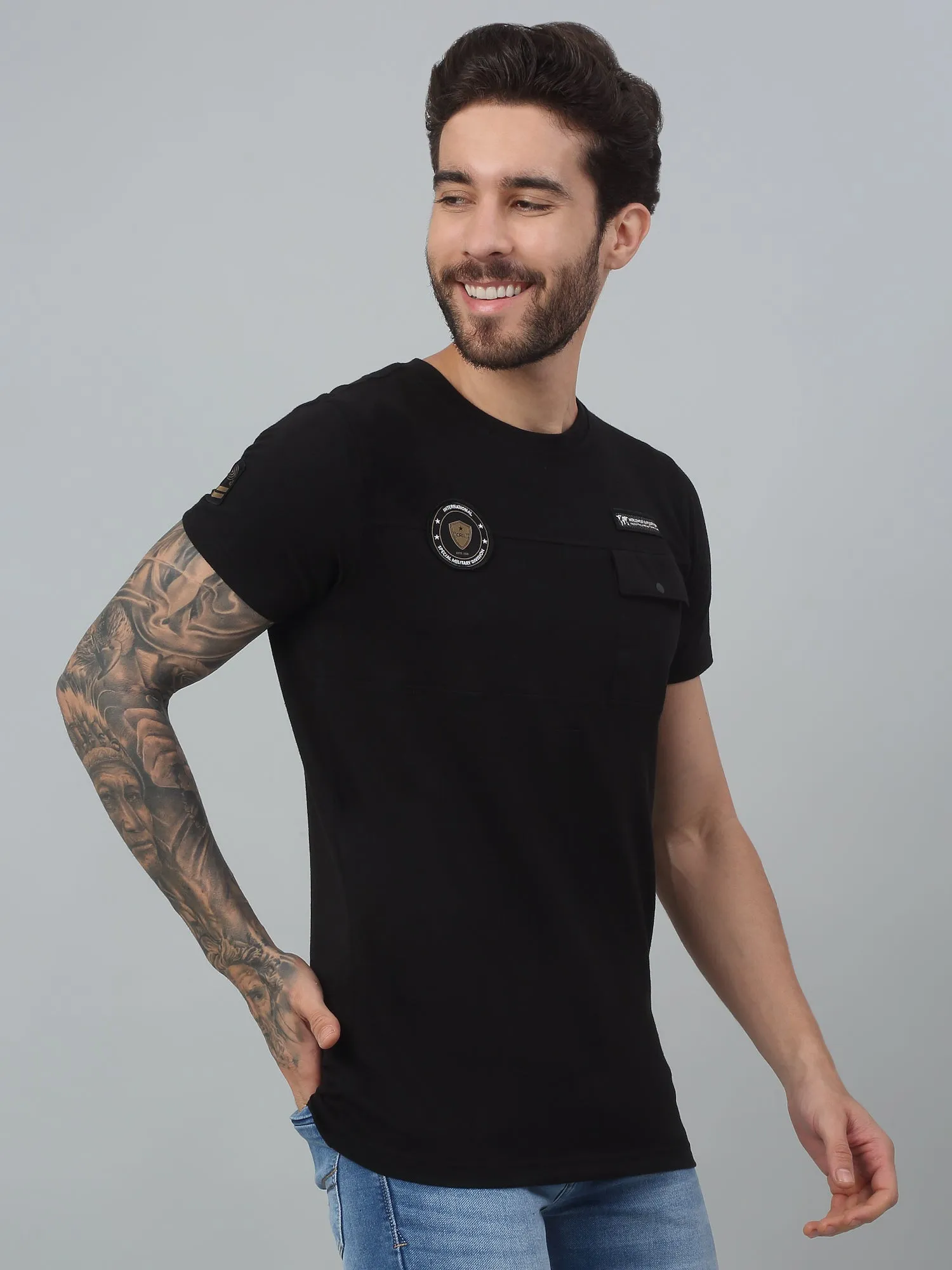 Cantabil Black Solid Round Neck Half Sleeve T-Shirt For Men