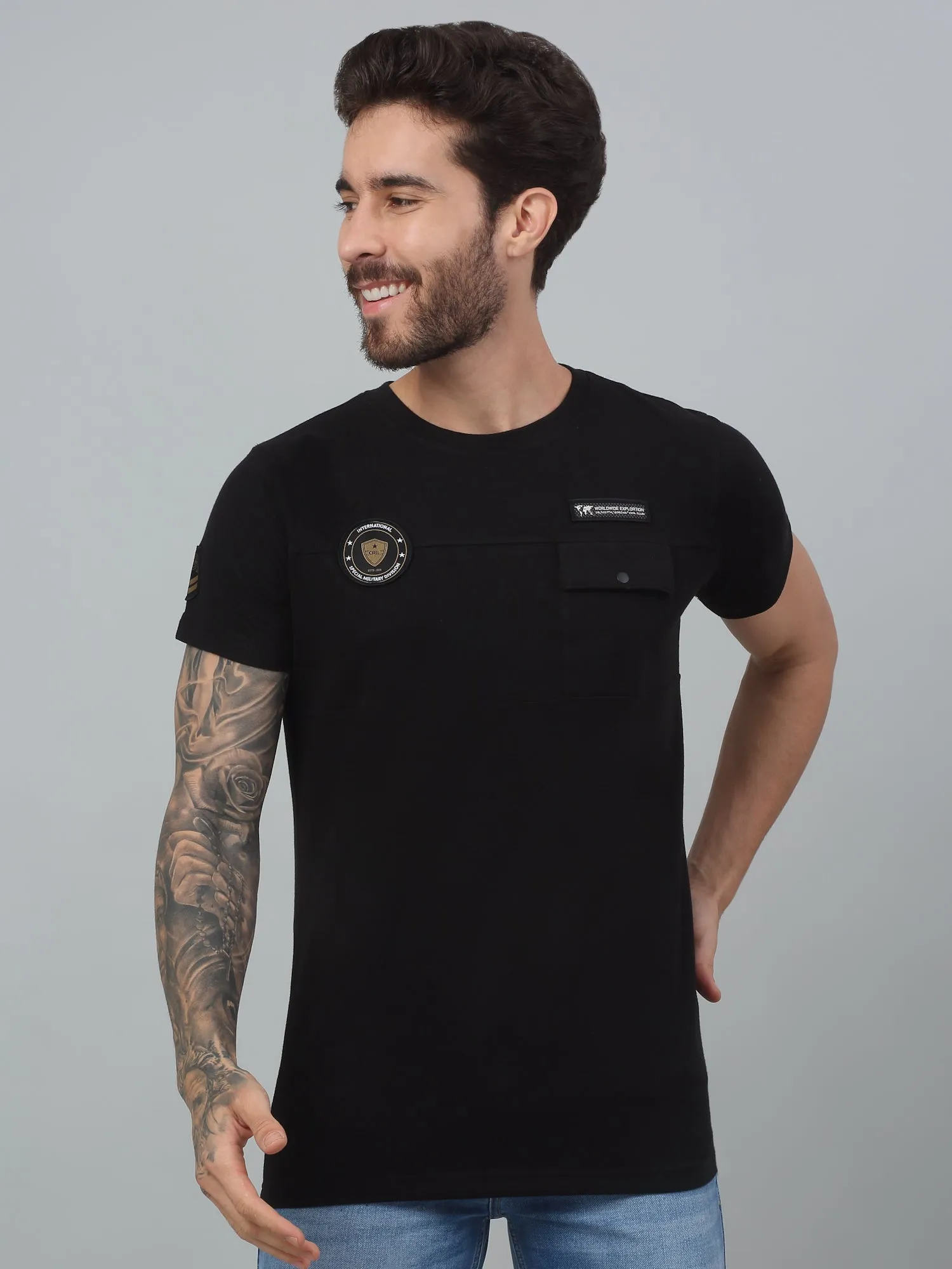 Cantabil Black Solid Round Neck Half Sleeve T-Shirt For Men