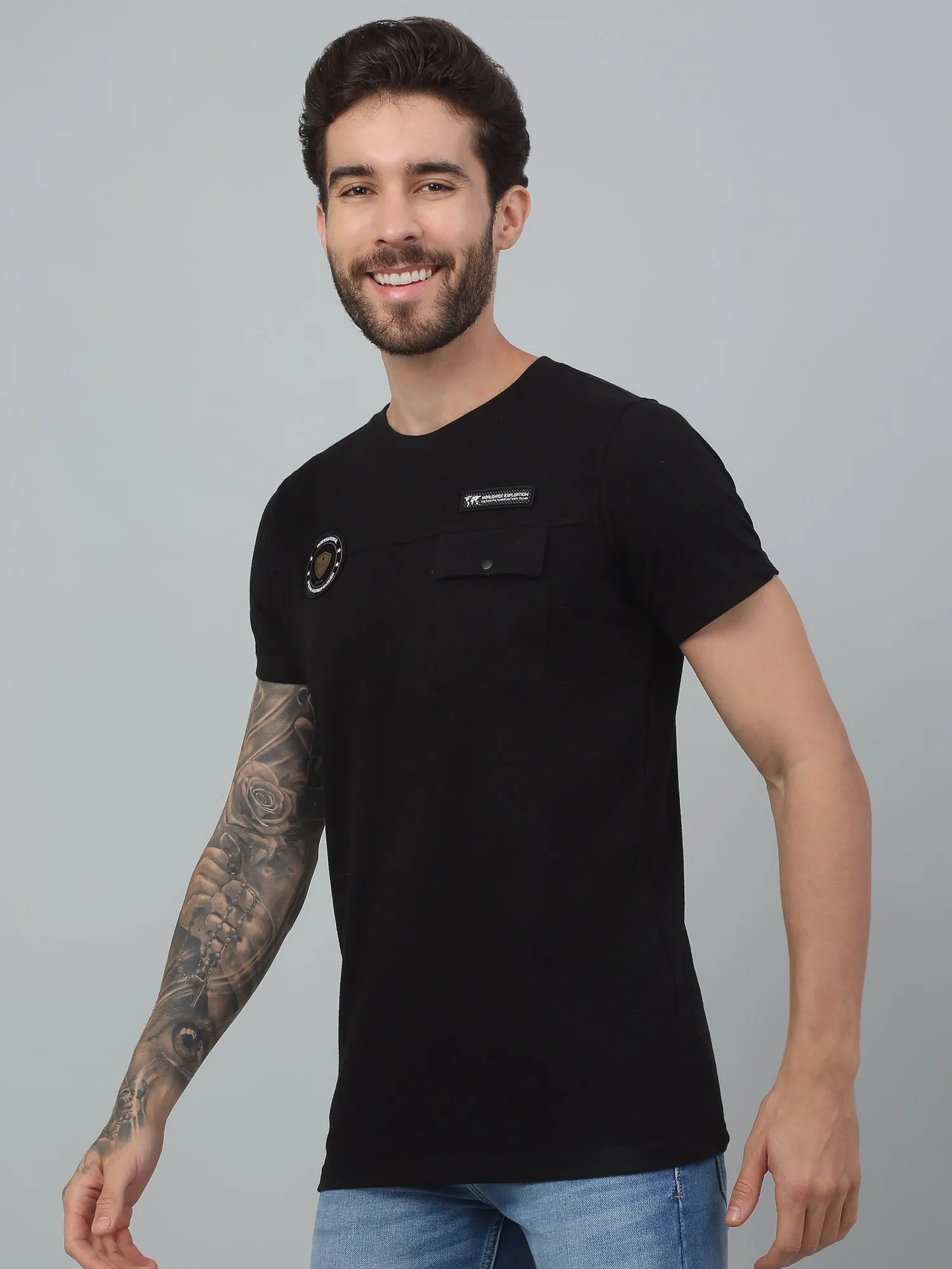 Cantabil Black Solid Round Neck Half Sleeve T-Shirt For Men