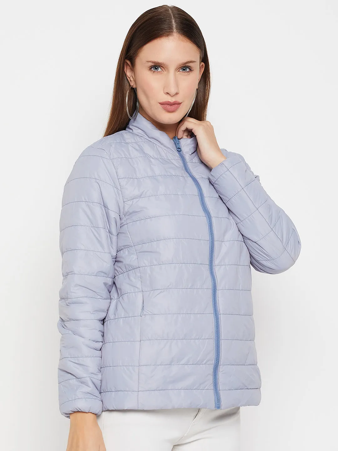 Cantabil Blue Full Sleeves Mock Collar Casual Reversible Jacket for Women