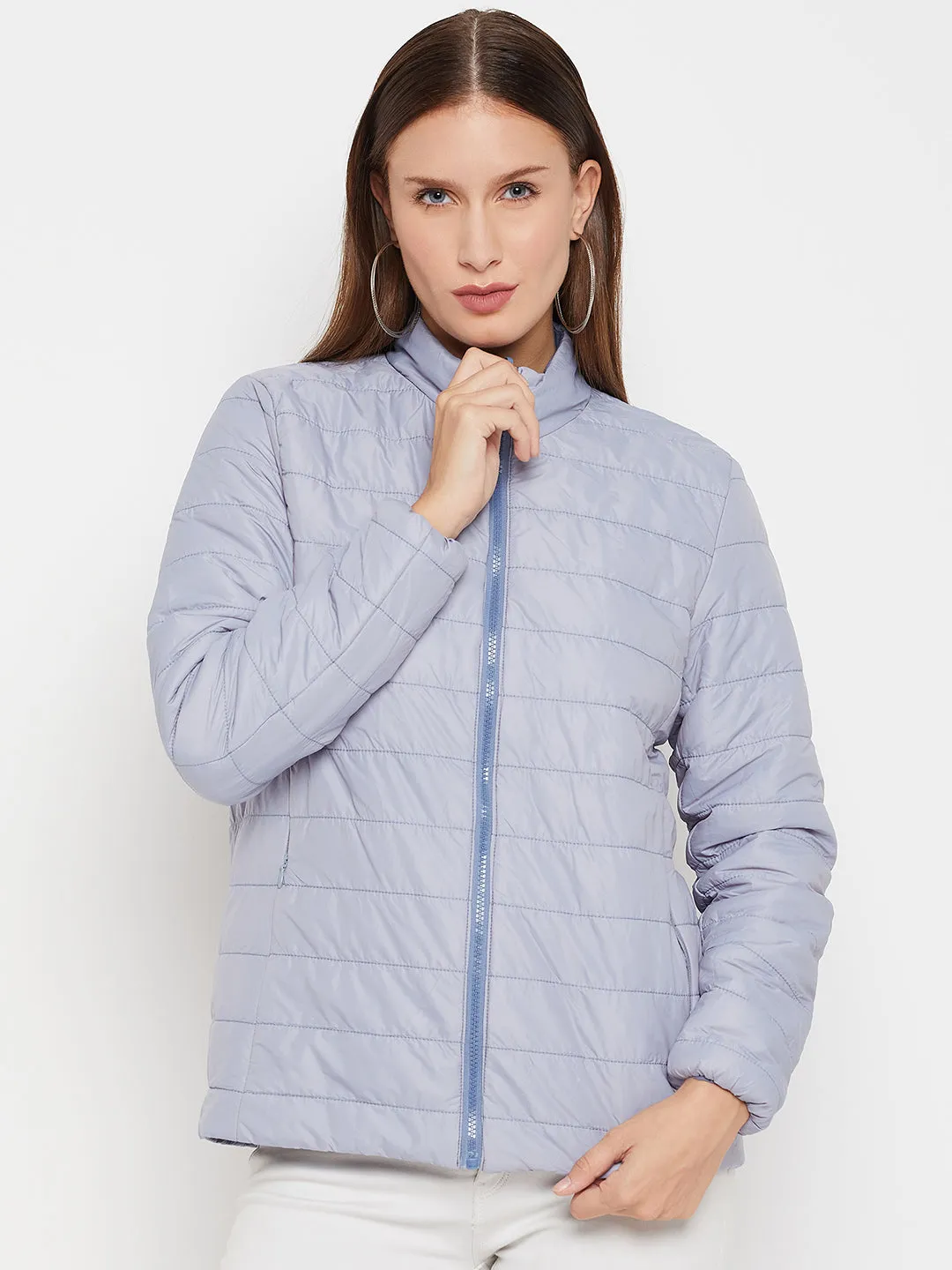 Cantabil Blue Full Sleeves Mock Collar Casual Reversible Jacket for Women