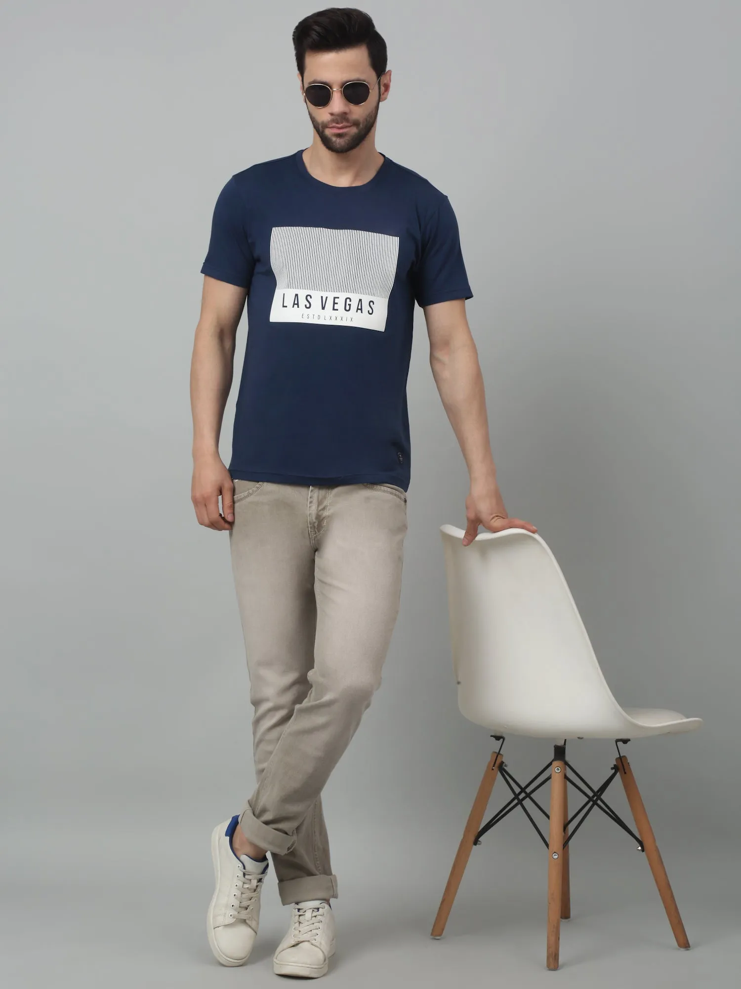 Cantabil Blue Printed Round Neck Half Sleeve T-shirt For Men