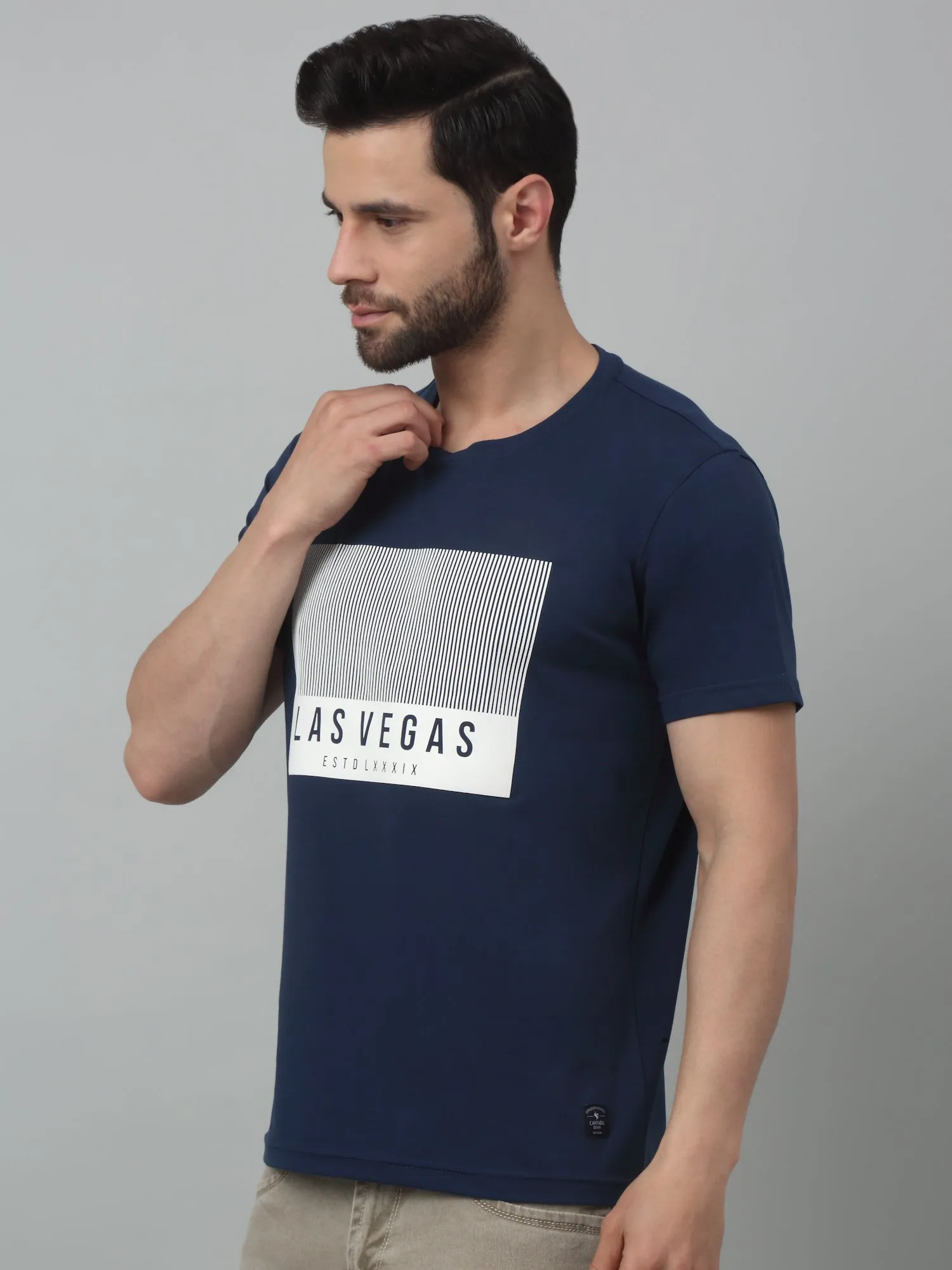 Cantabil Blue Printed Round Neck Half Sleeve T-shirt For Men