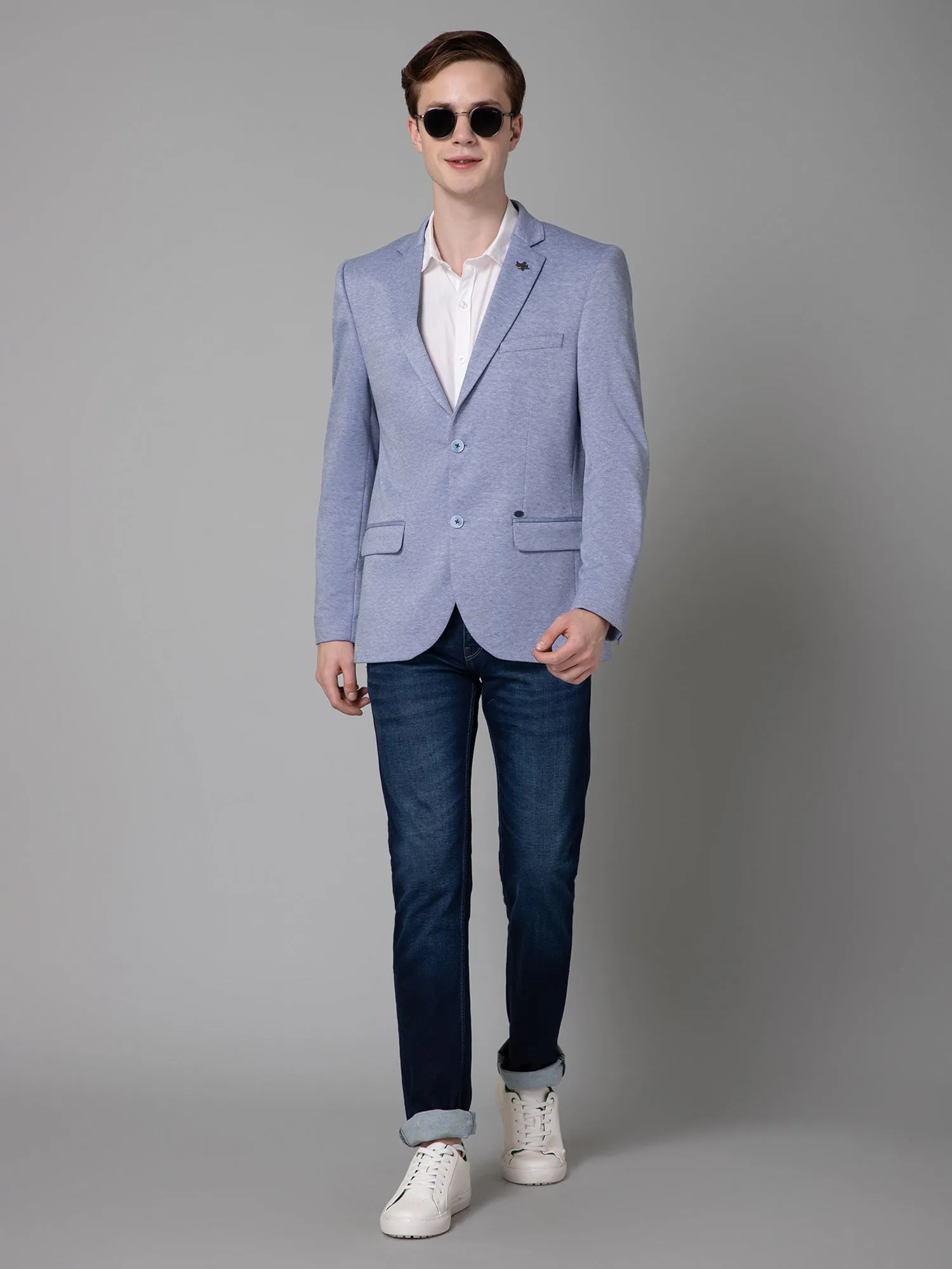 Cantabil Blue Self Design Full Sleeves Casual Blazer For Men