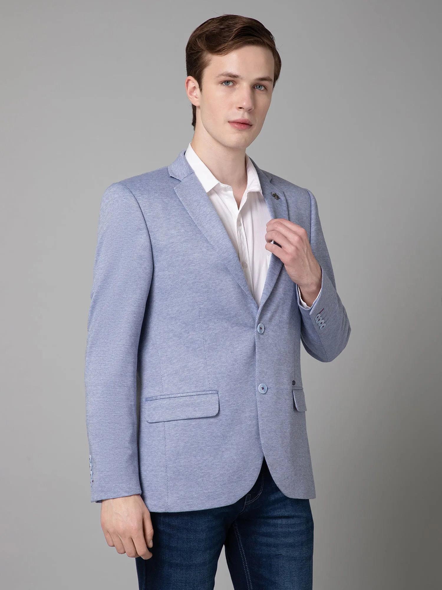 Cantabil Blue Self Design Full Sleeves Casual Blazer For Men