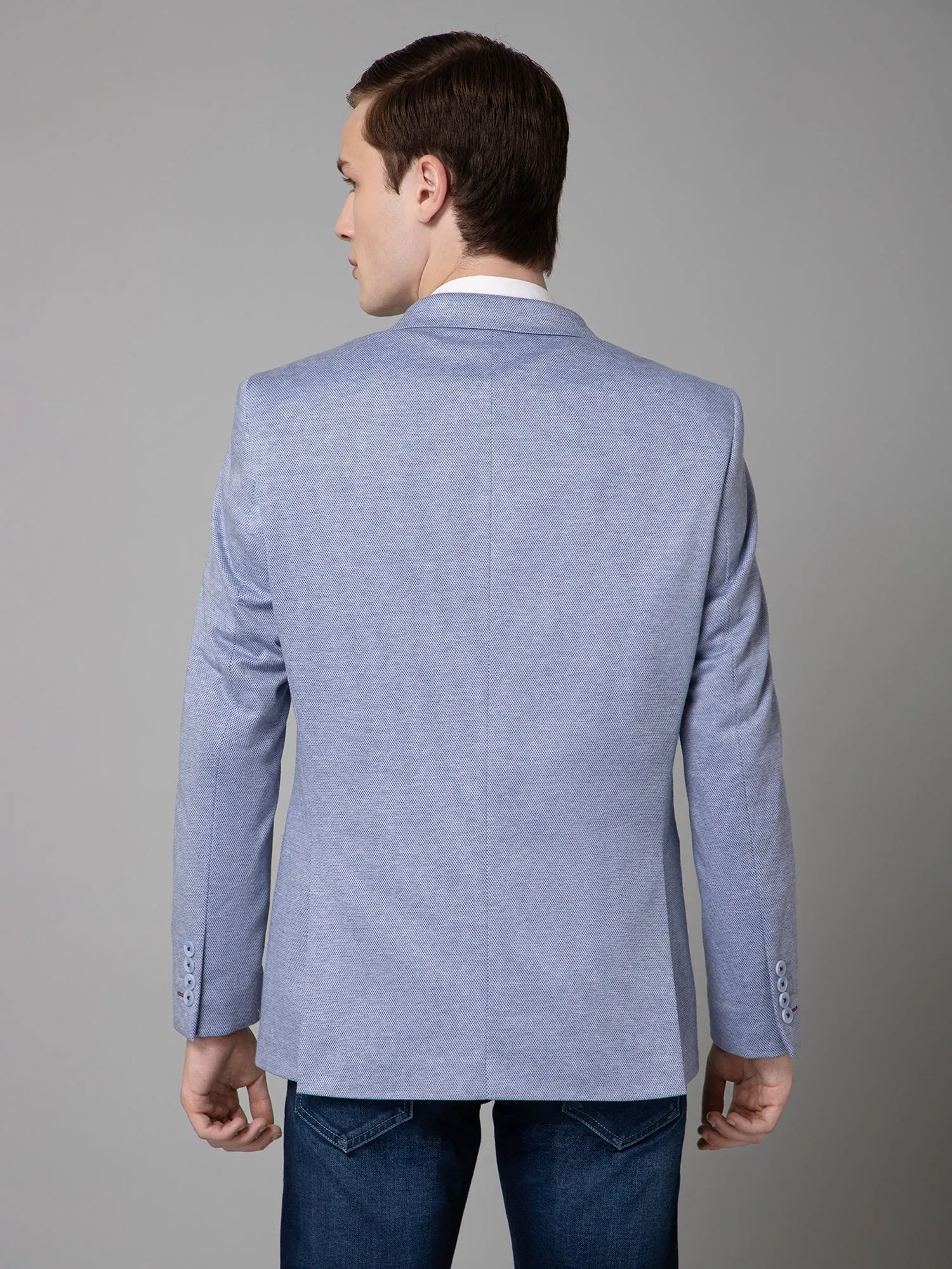 Cantabil Blue Self Design Full Sleeves Casual Blazer For Men