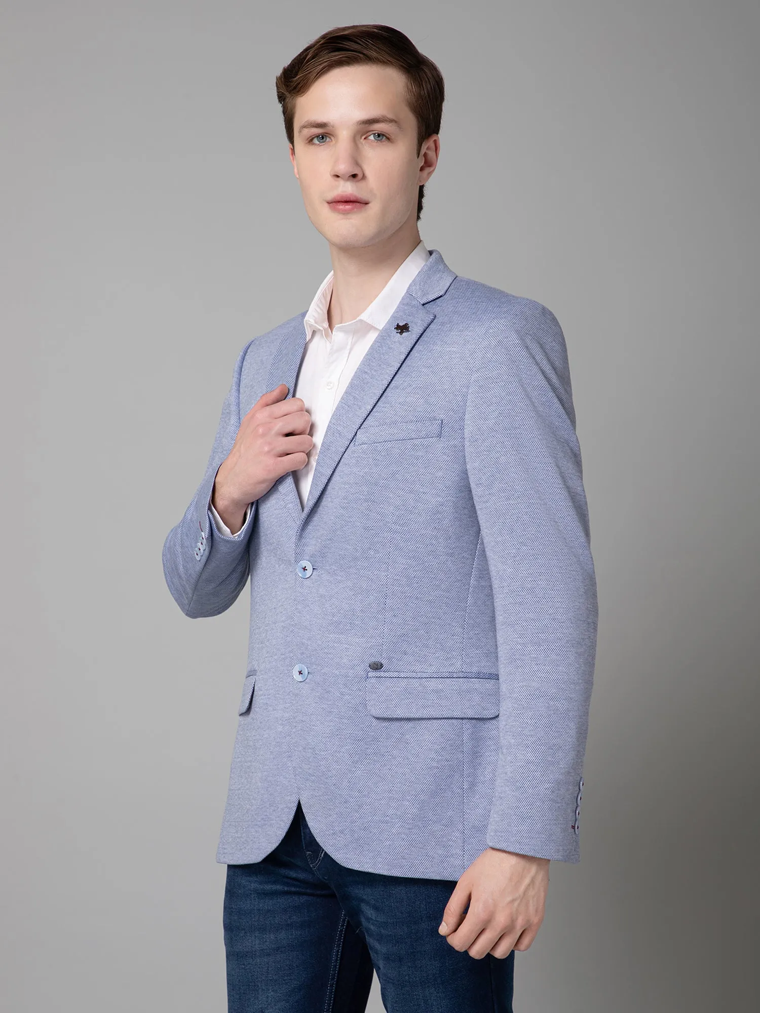 Cantabil Blue Self Design Full Sleeves Casual Blazer For Men