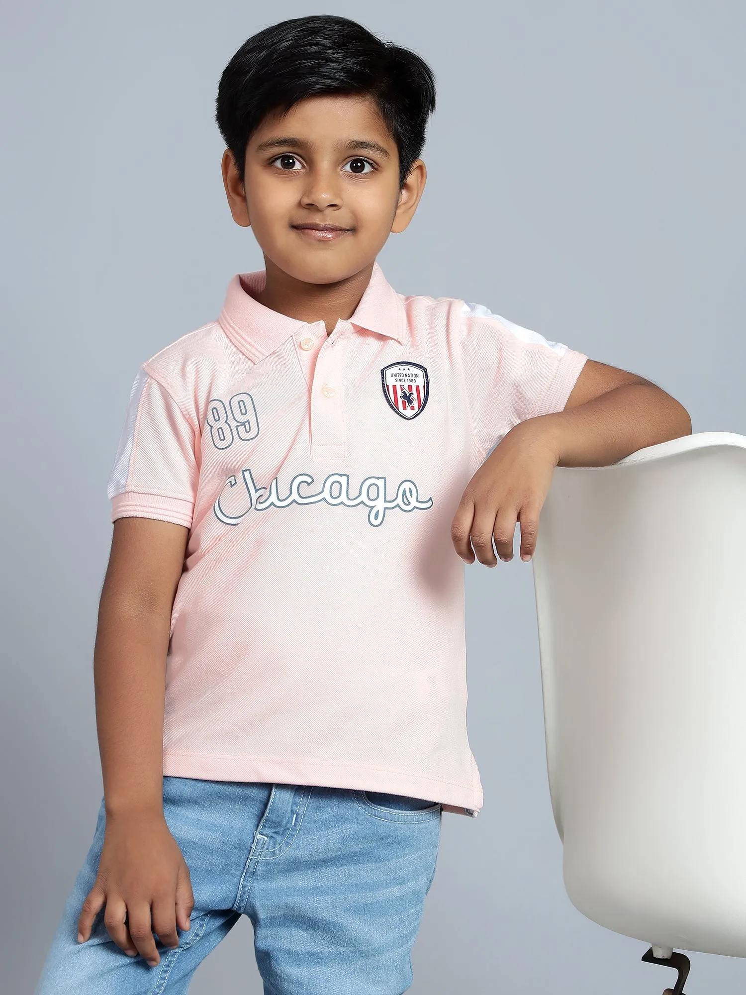 Cantabil Boy's Light Pink Printed Polo Neck T-shirt